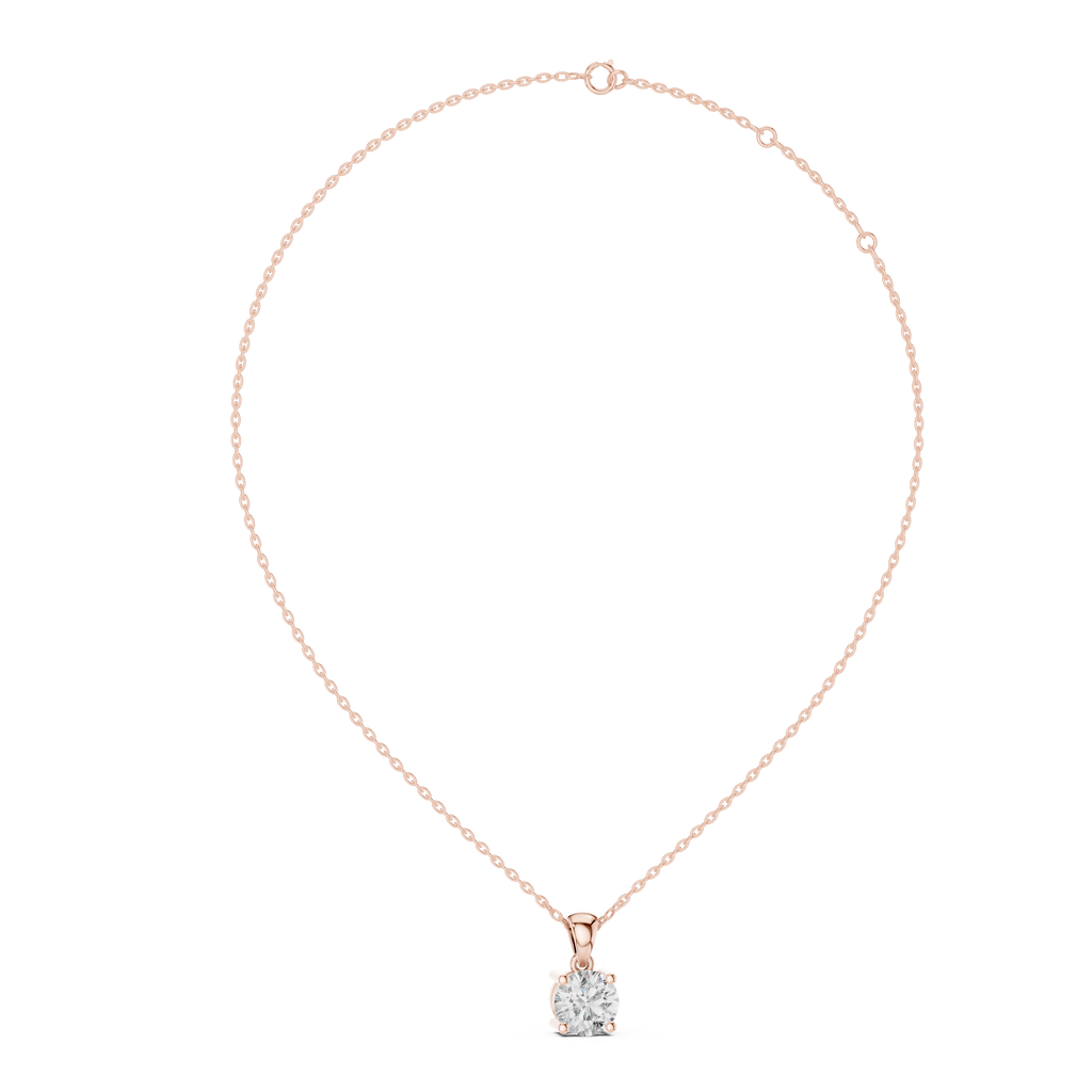 Rose gold necklace with a diamond pendant on a white background