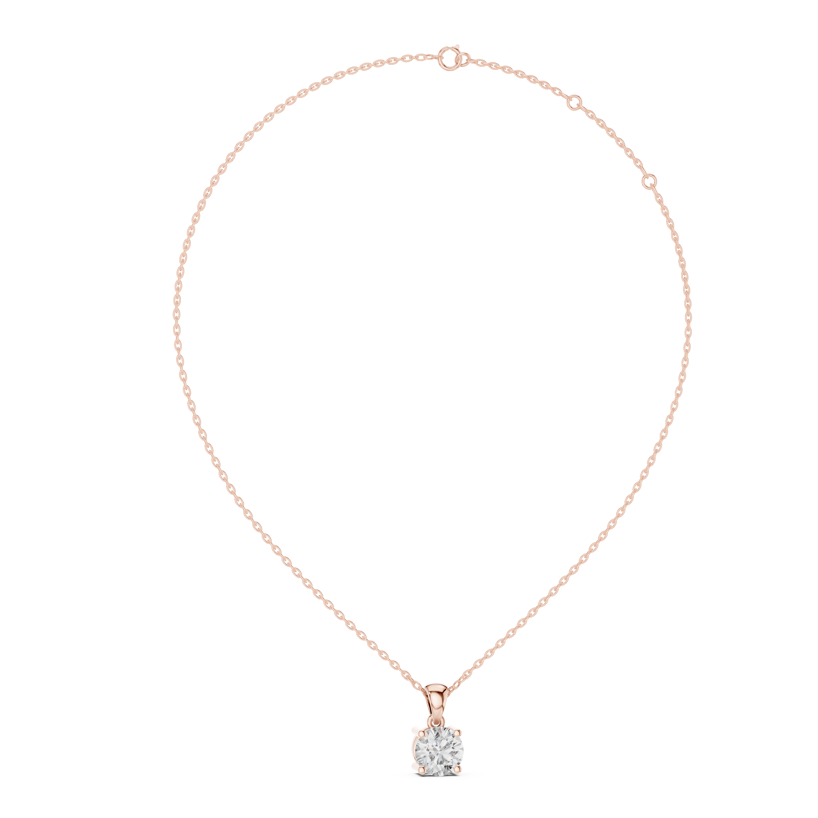 Rose gold necklace with a diamond pendant on a white background