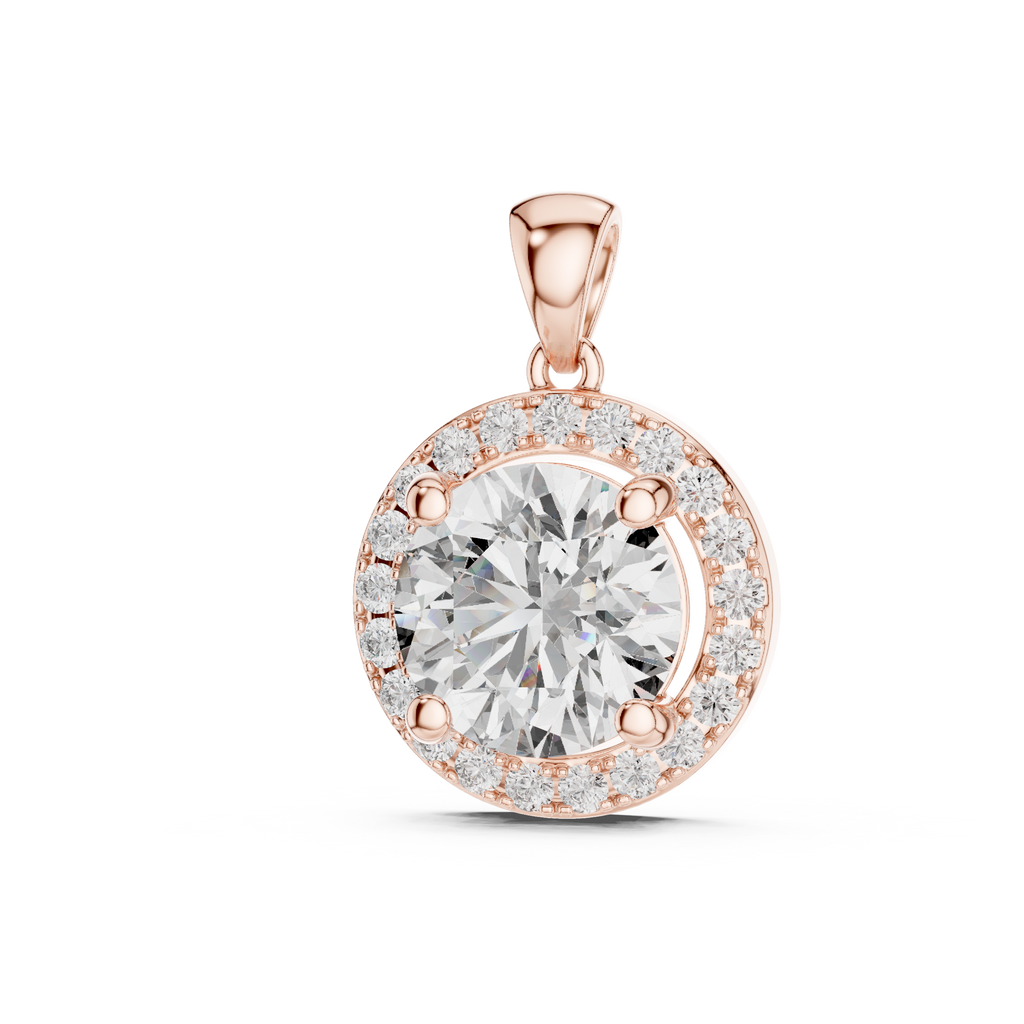 Rose gold round halo solitaire pendant front sparkle view