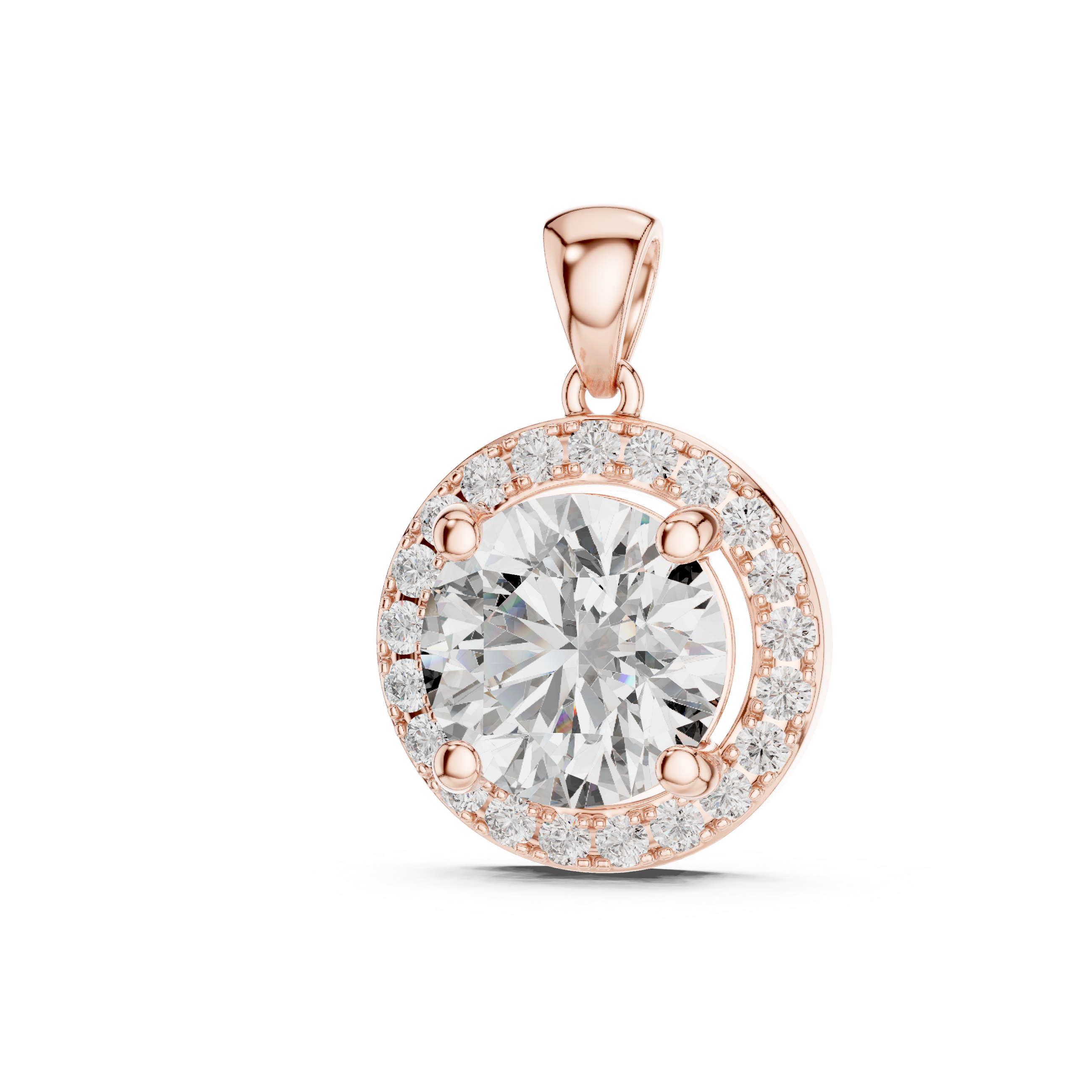 Rose gold round halo solitaire pendant front sparkle view