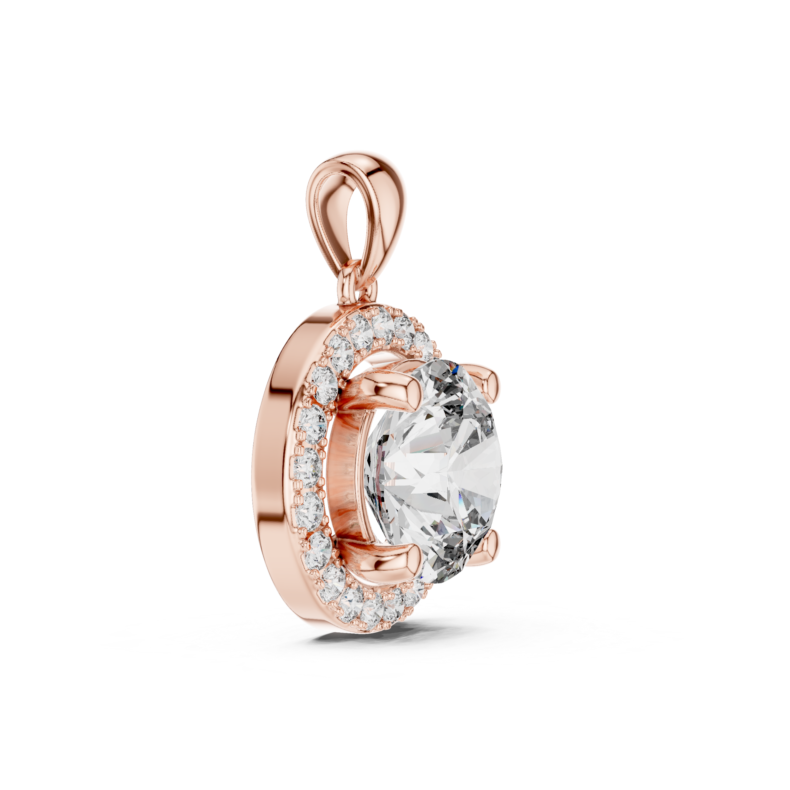 Yellow gold halo pendant side profile showing elevated prong setting