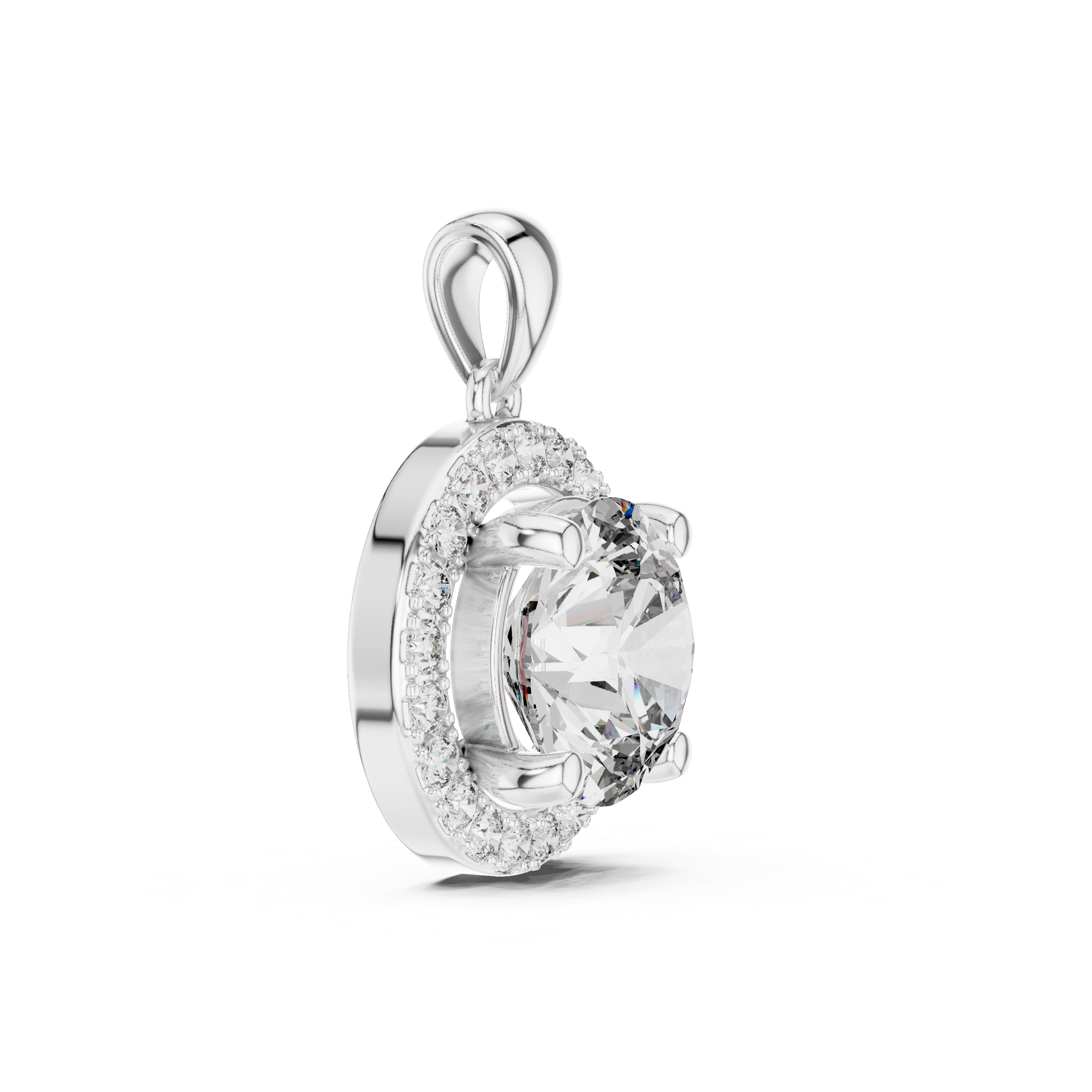 White gold solitaire pendant side view prong setting detail