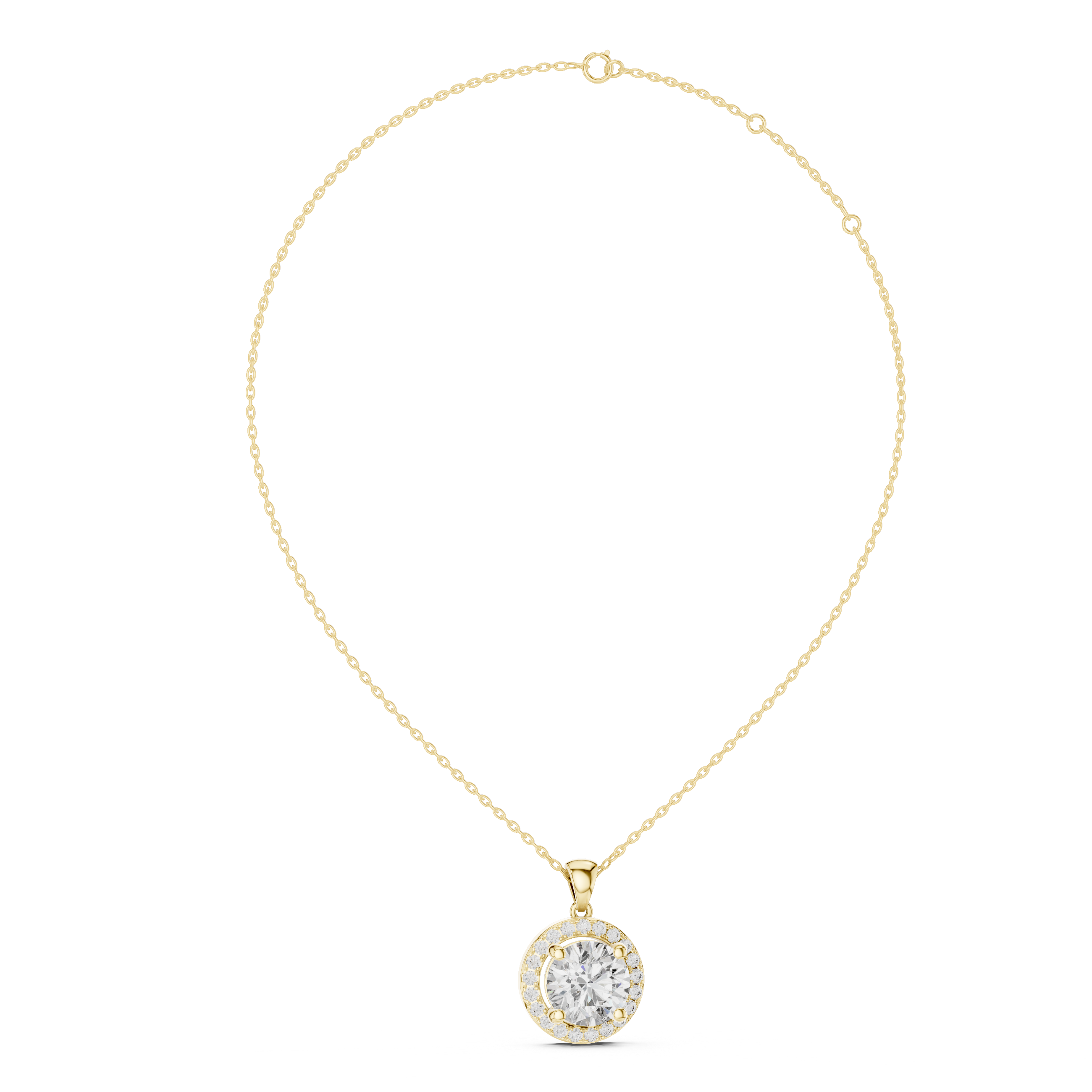 Yellow gold halo pendant close up detailing round brilliant center stone