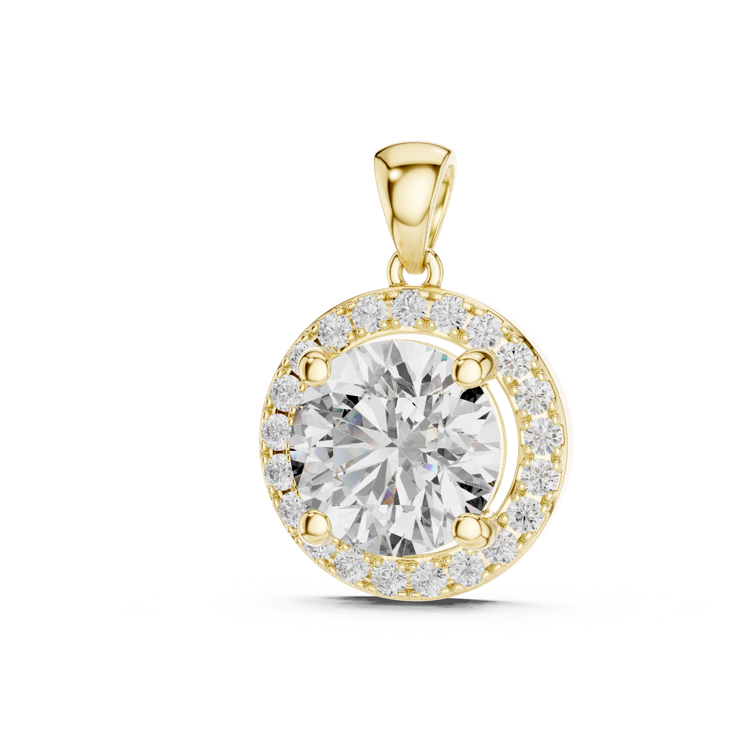 Yellow gold round halo solitaire pendant front view high polish finish