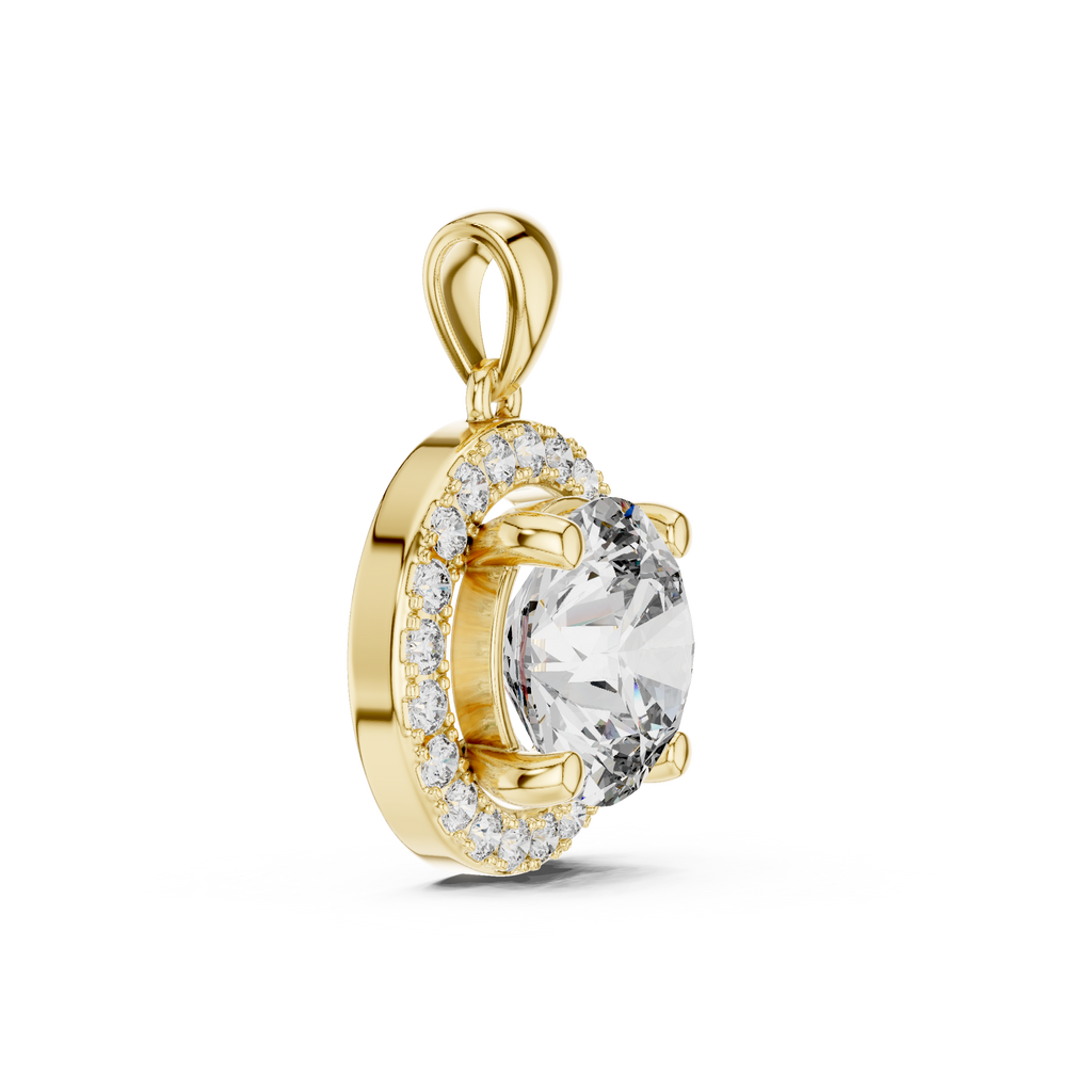 Yellow gold halo pendant side profile showing elevated prong setting