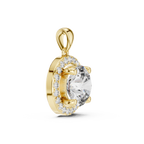 Yellow gold halo pendant side profile showing elevated prong setting