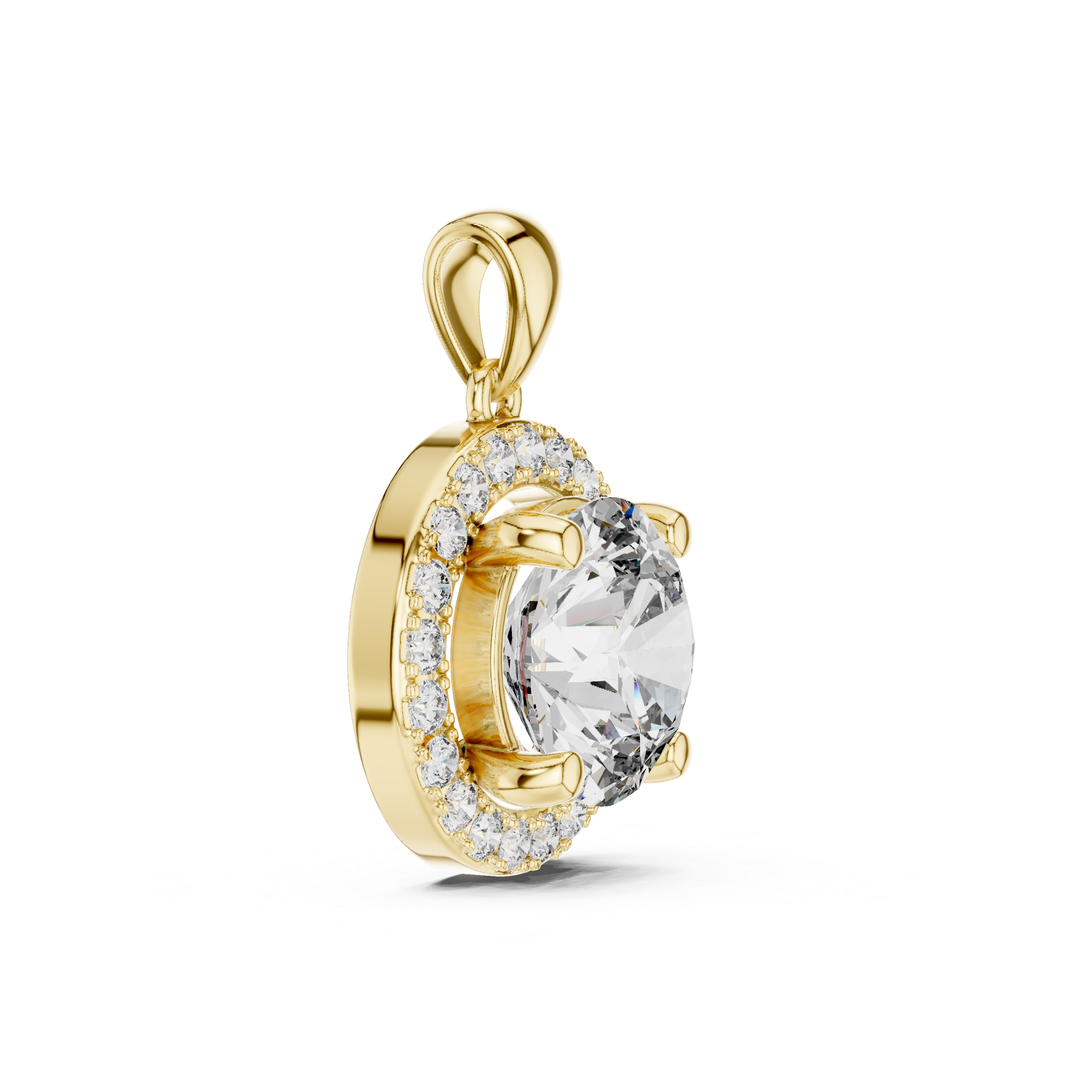 Yellow gold halo pendant side profile showing elevated prong setting