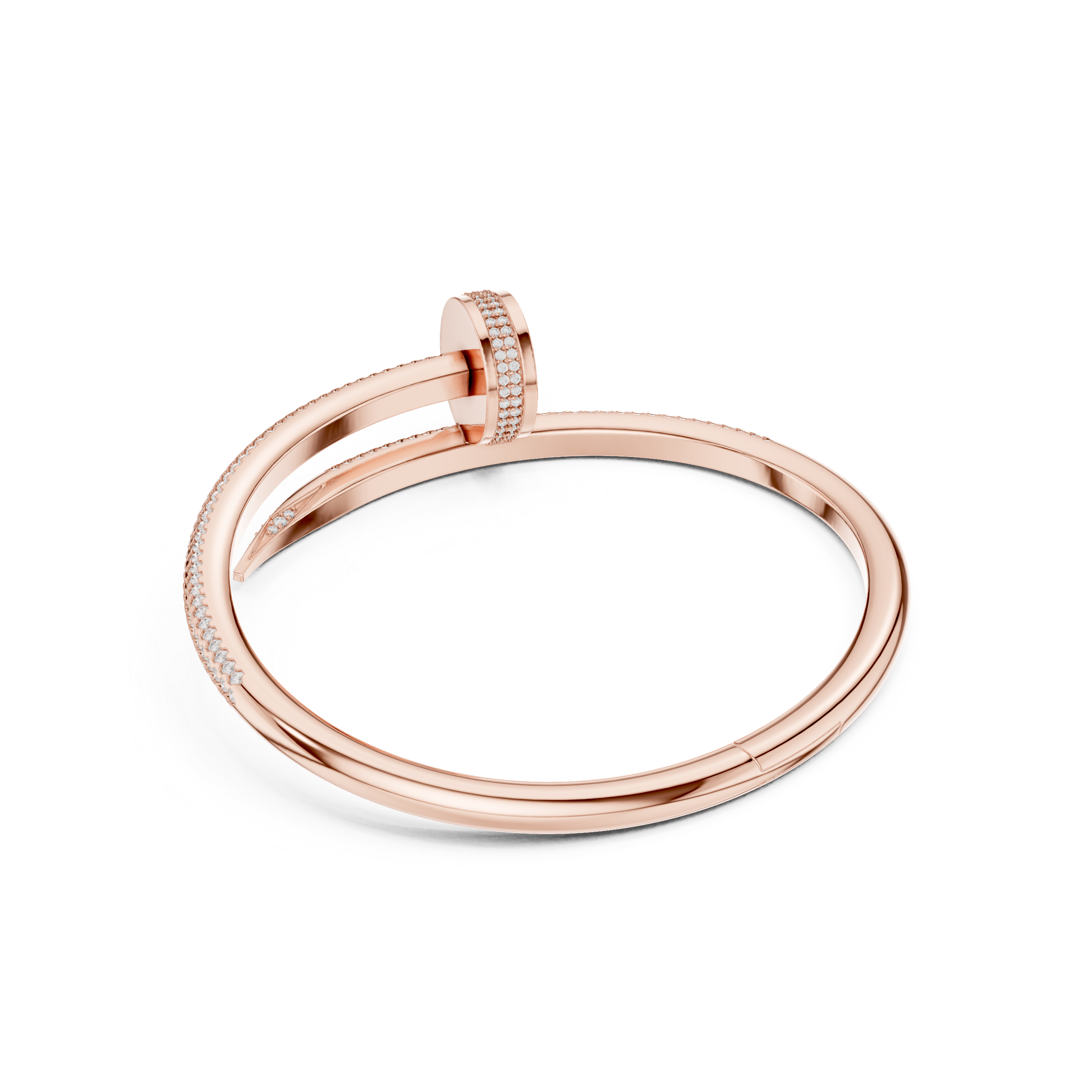 Rose gold ring with diamond accents on a white background