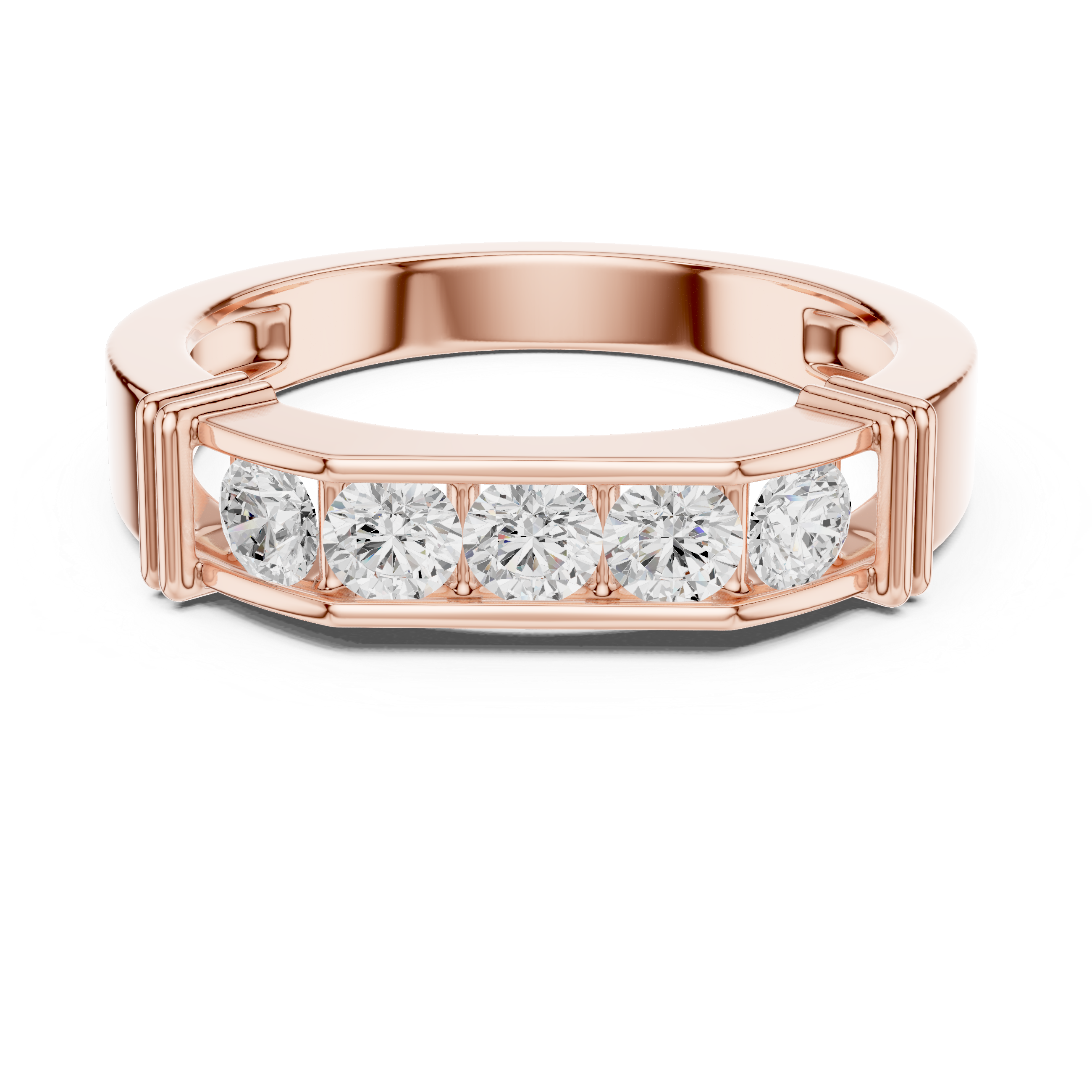 Rose Gold Men’s Five Stone Moissanite Band Front View
