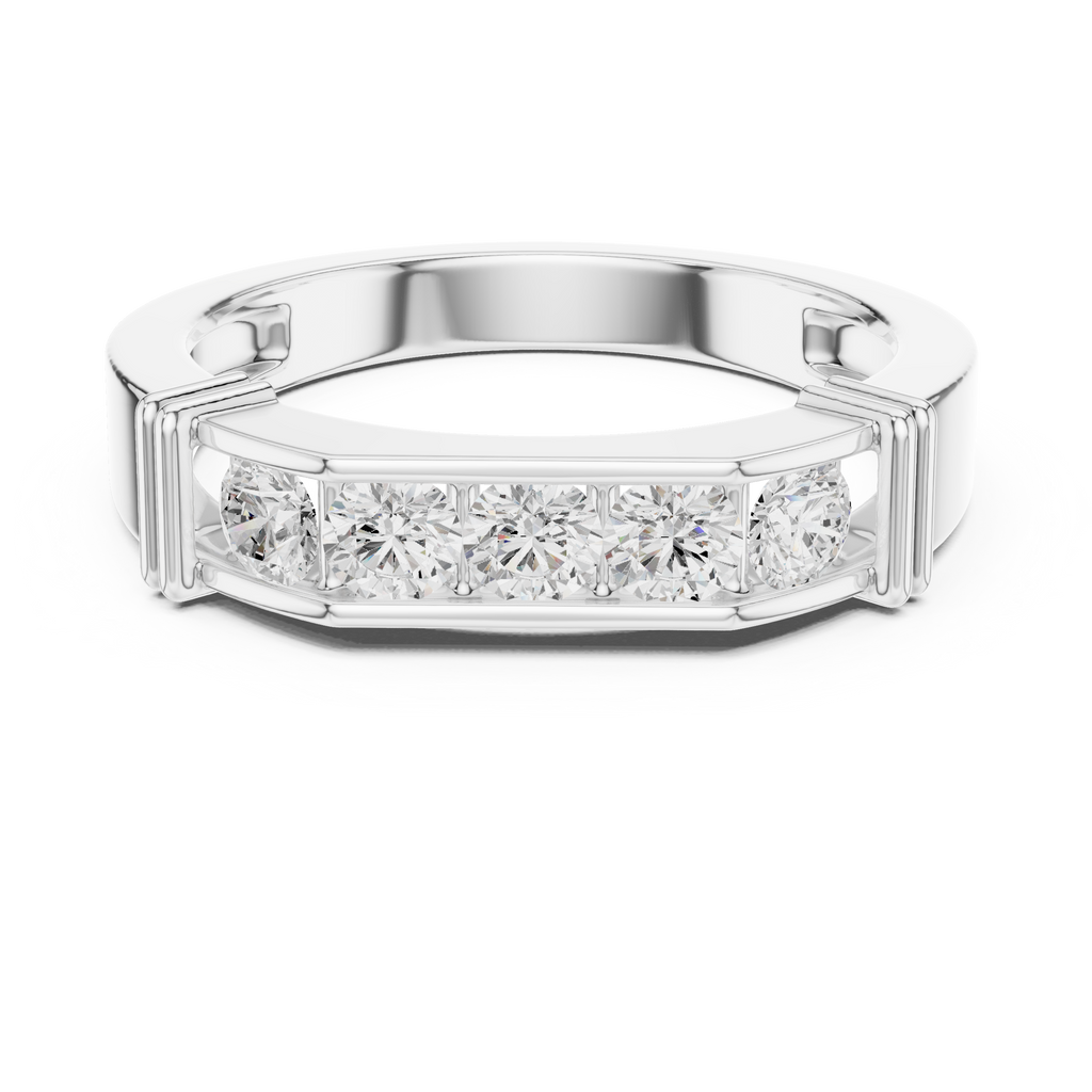 White Gold Men’s Five Stone Moissanite Wedding Band Front View
