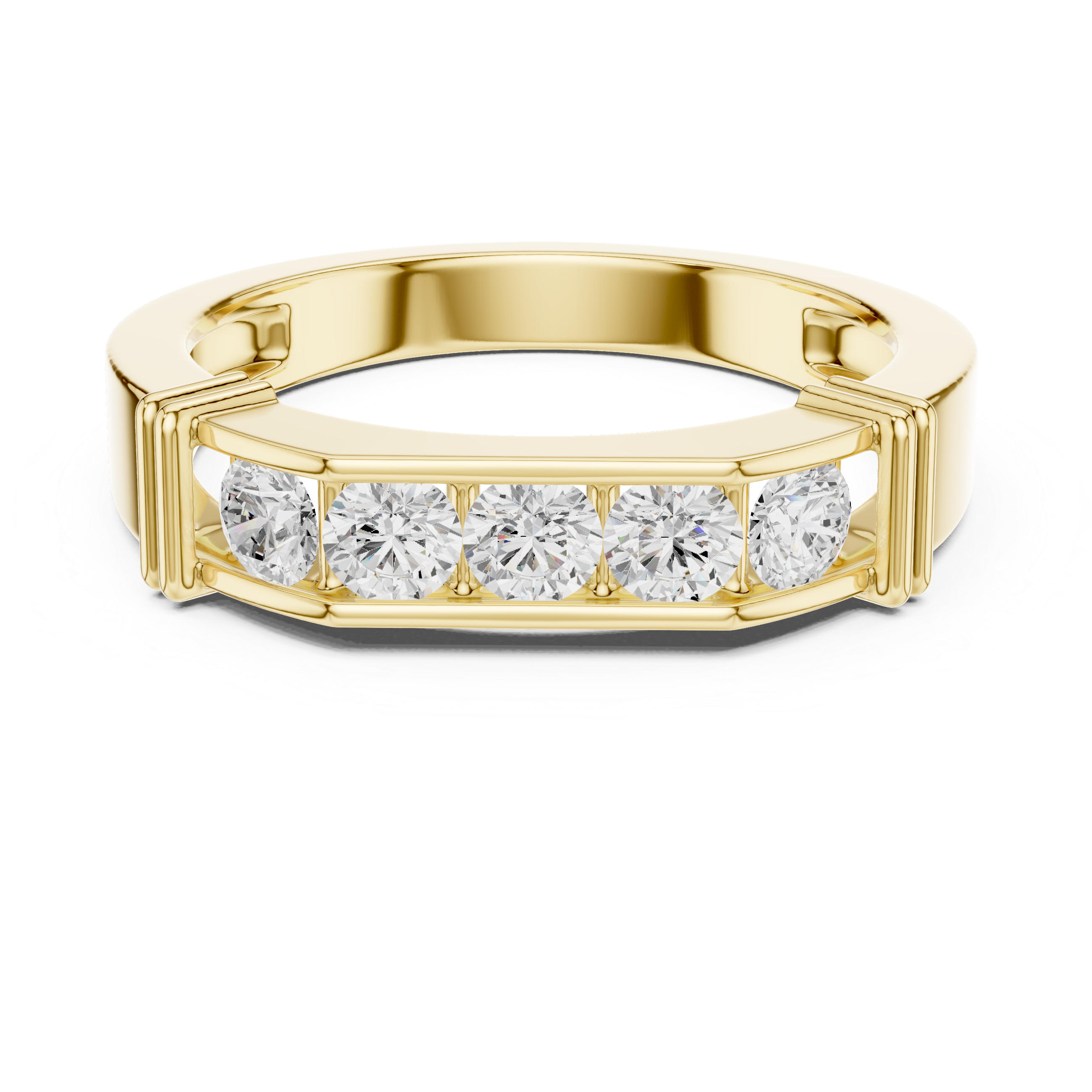 Yellow Gold Men’s Five Stone Moissanite Band Front Angle
