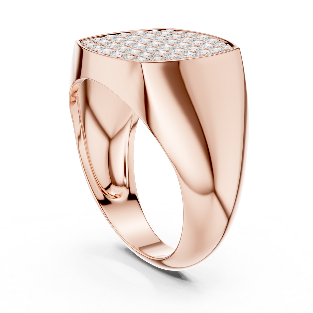 Rose gold ring with diamond-encrusted top on a white background