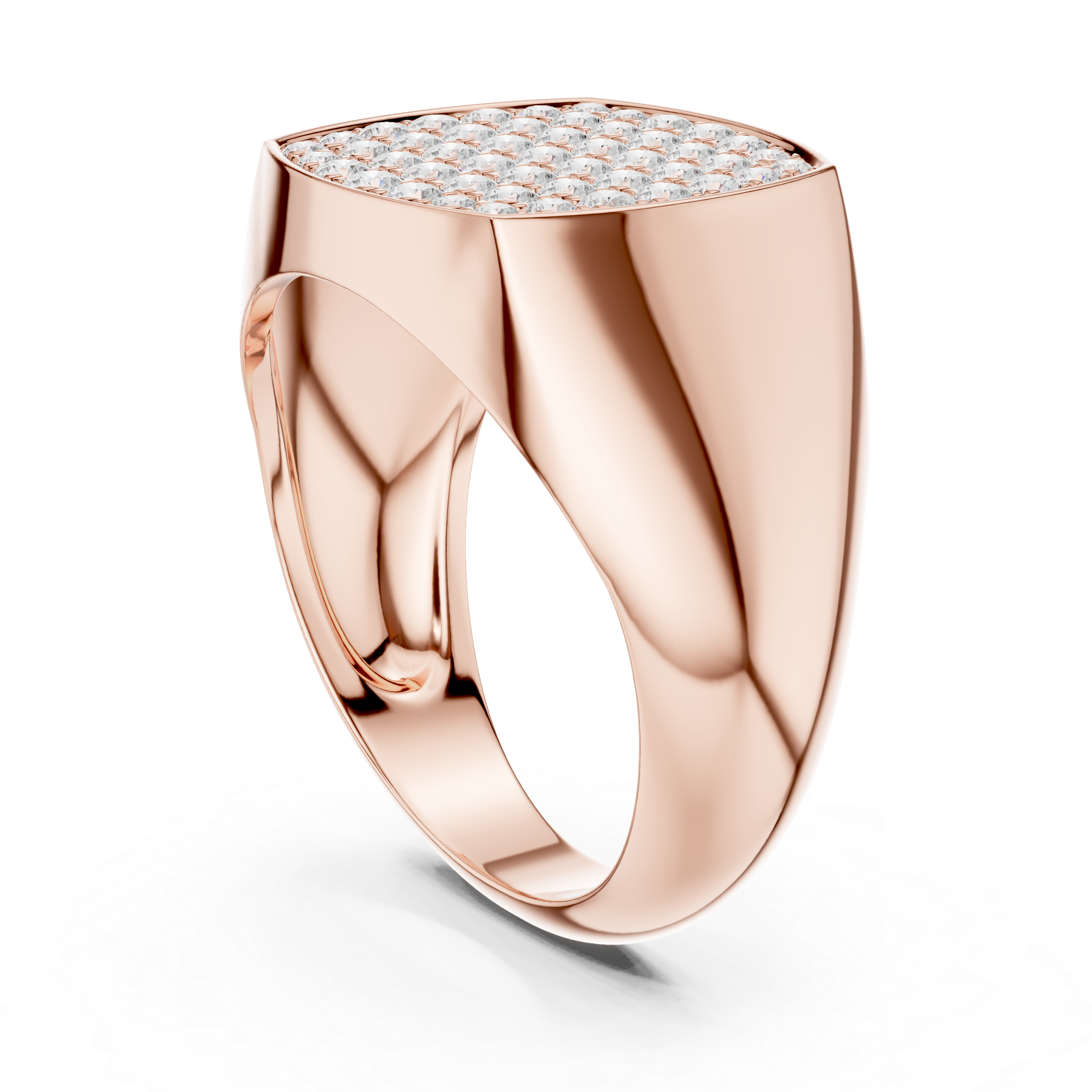 Rose gold ring with diamond-encrusted top on a white background