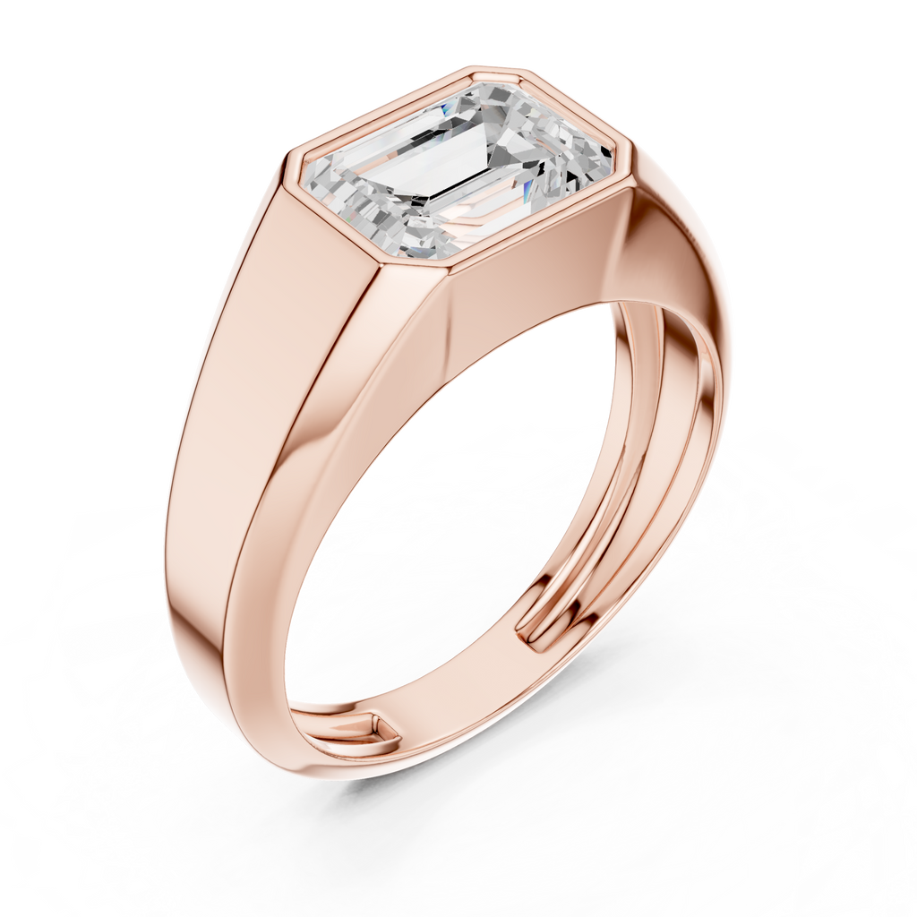 Stylish rose gold men’s ring featuring bold bezel setting and contemporary structure