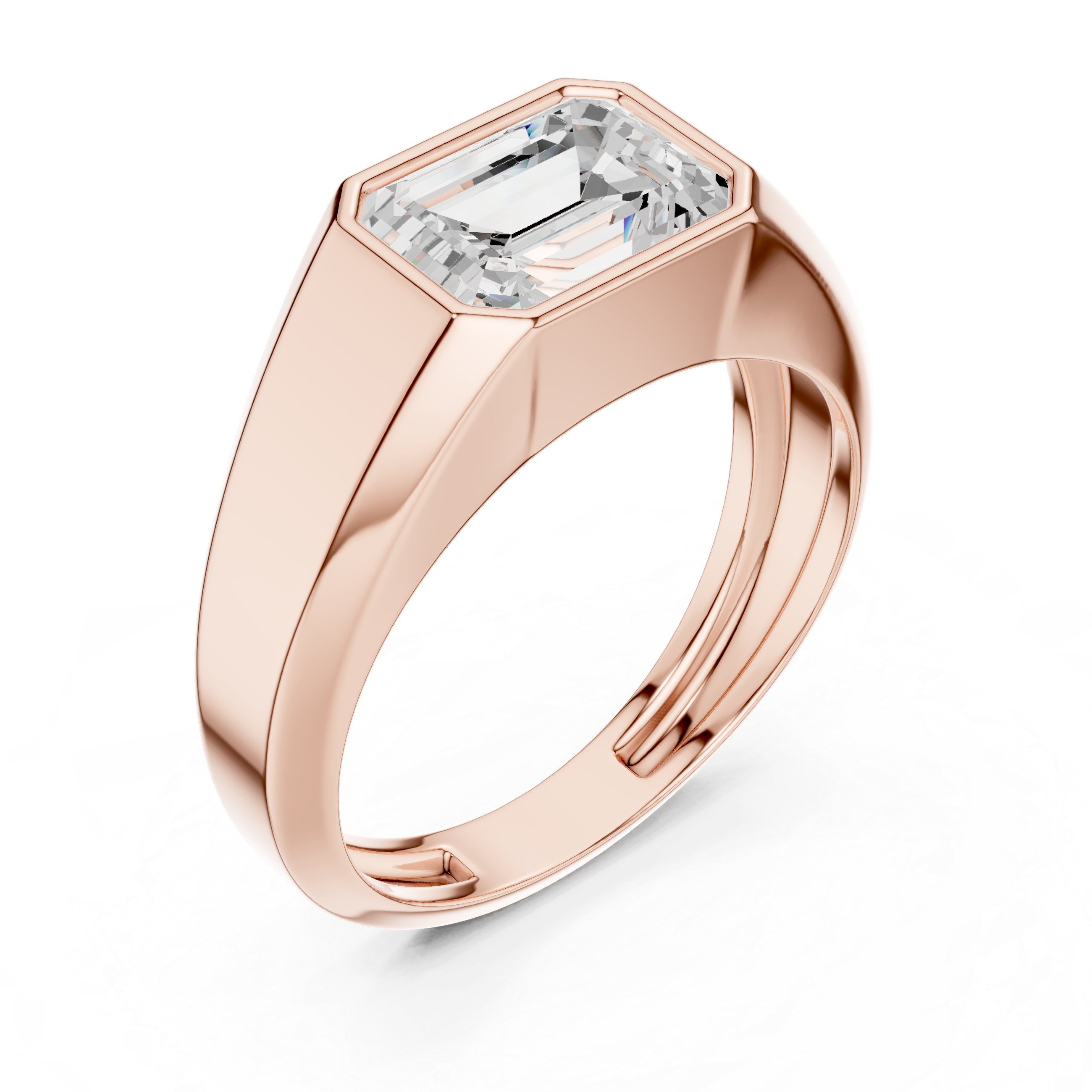Stylish rose gold men’s ring featuring bold bezel setting and contemporary structure