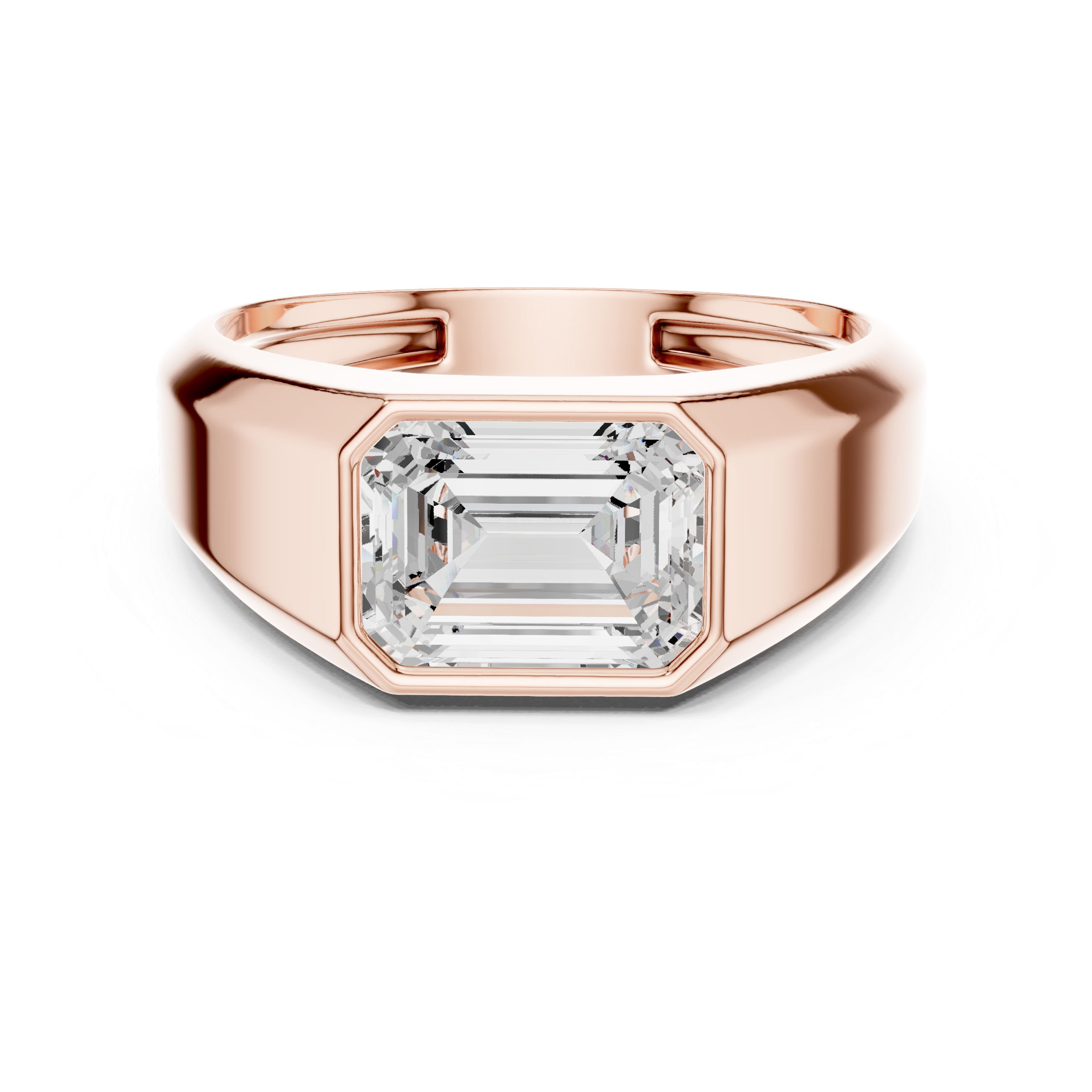 Rose gold emerald cut bezel men’s ring with elegant rectangular centerpiece and smooth finish