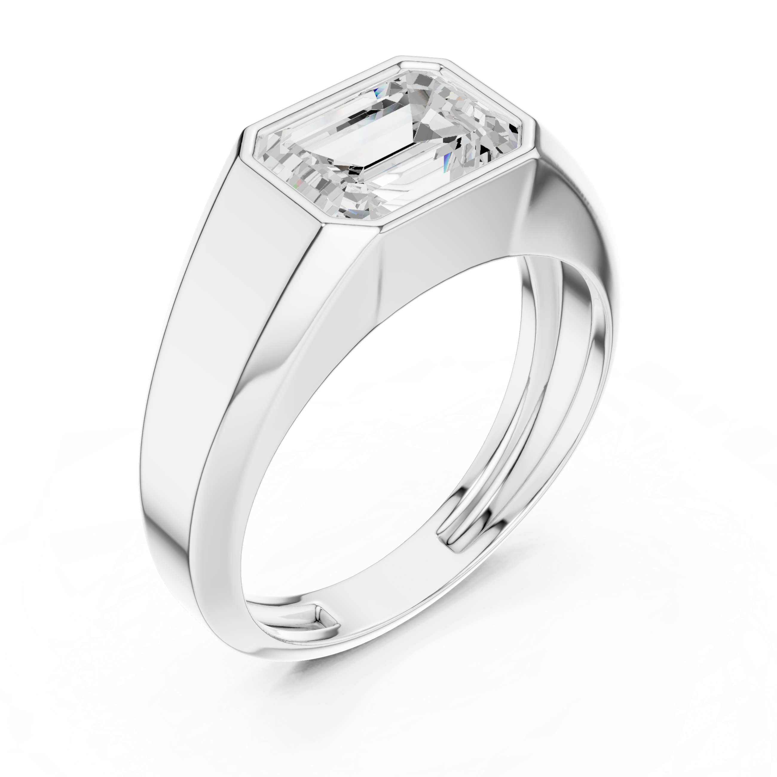 Luxury white gold men’s statement ring featuring sleek bezel setting and strong masculine shoulders