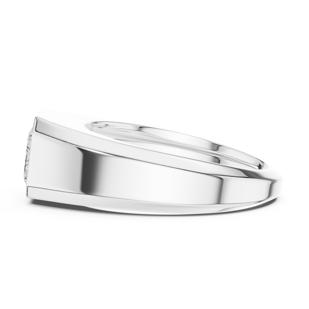 Modern white gold men’s ring showcasing thick band profile and structured geometric design