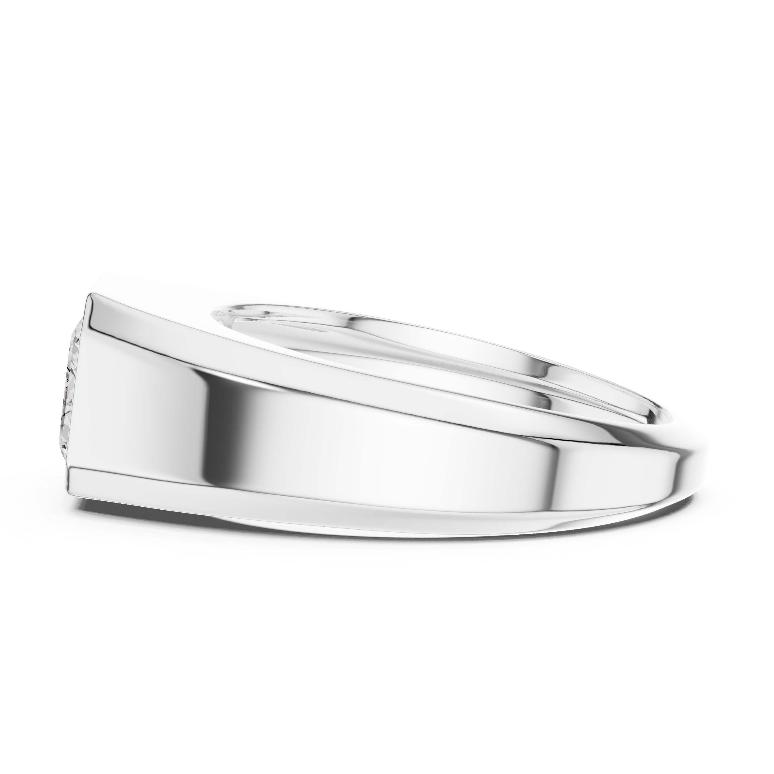 Modern white gold men’s ring showcasing thick band profile and structured geometric design