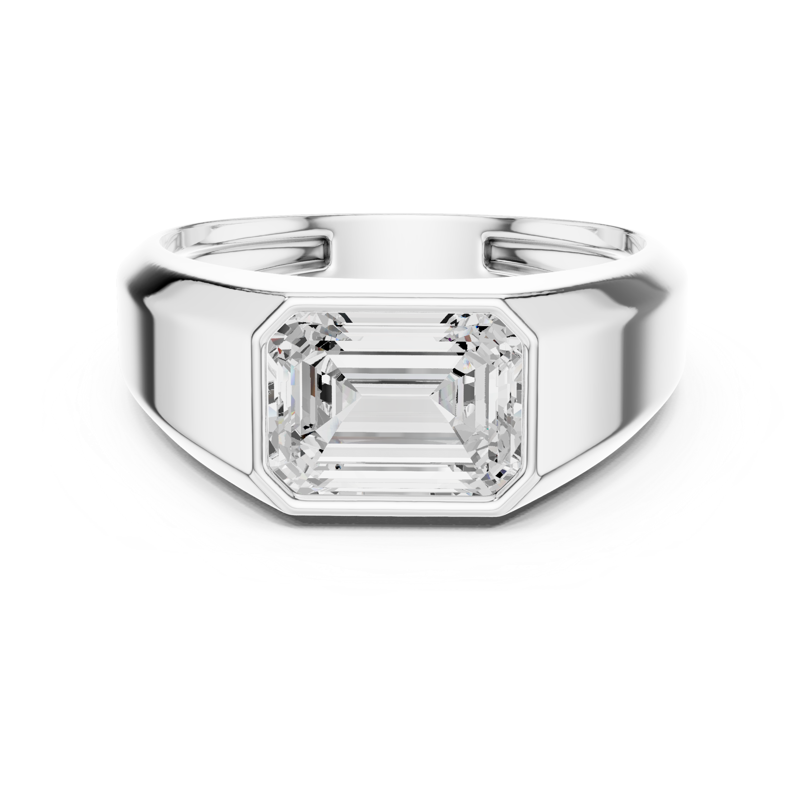 White gold emerald cut bezel men’s ring with bold rectangular center stone and polished wide band