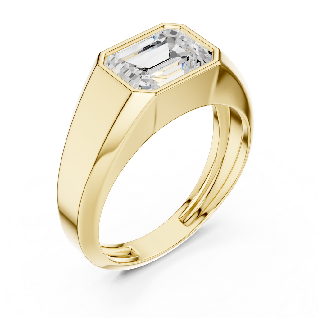 Bold yellow gold men’s statement ring with sharp edges and luxury rectangular stone design