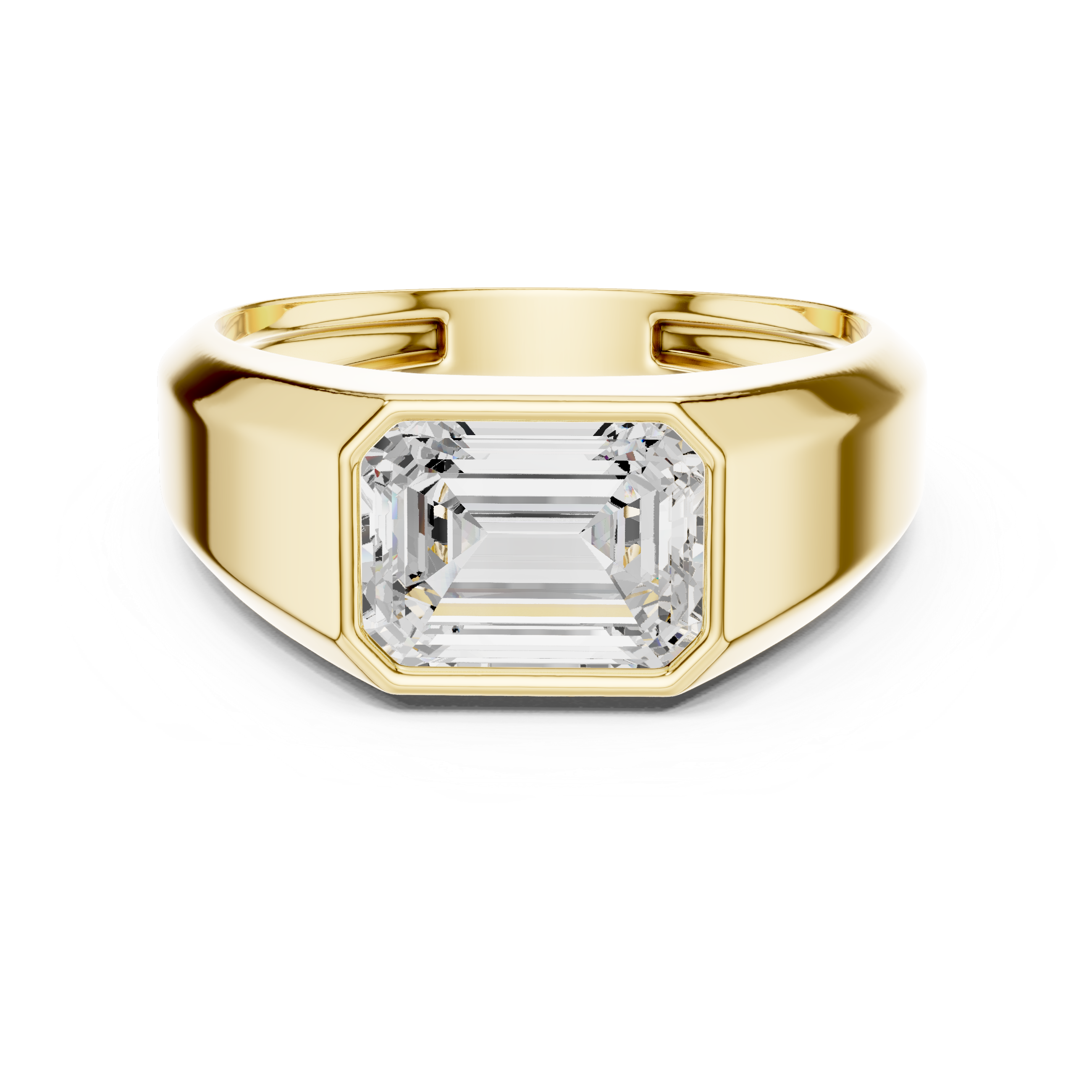 Yellow gold emerald cut men’s ring with powerful bezel set center and premium high polish finish