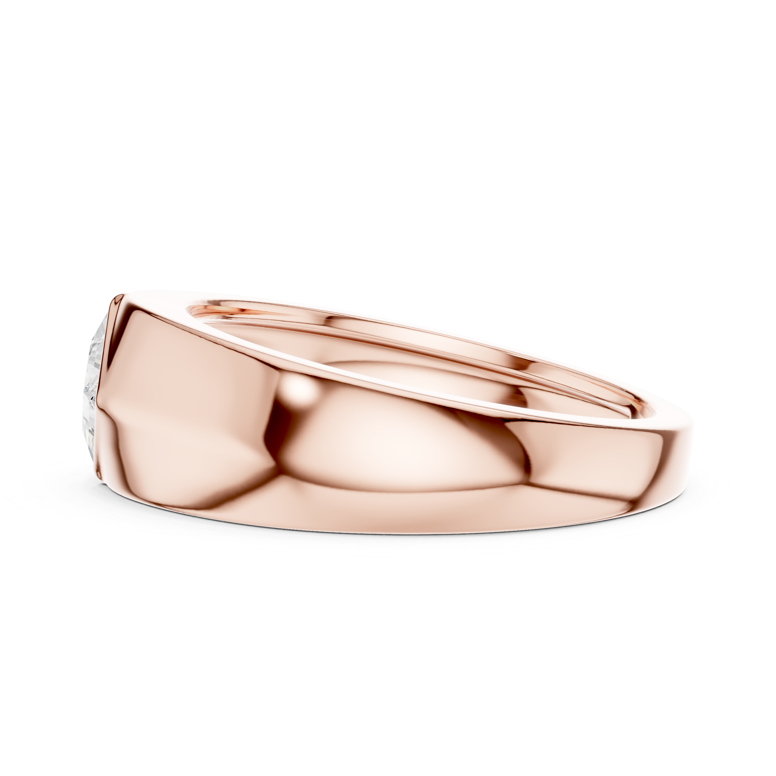 Rose gold men’s bezel ring showcasing thick band detailing and smooth polish