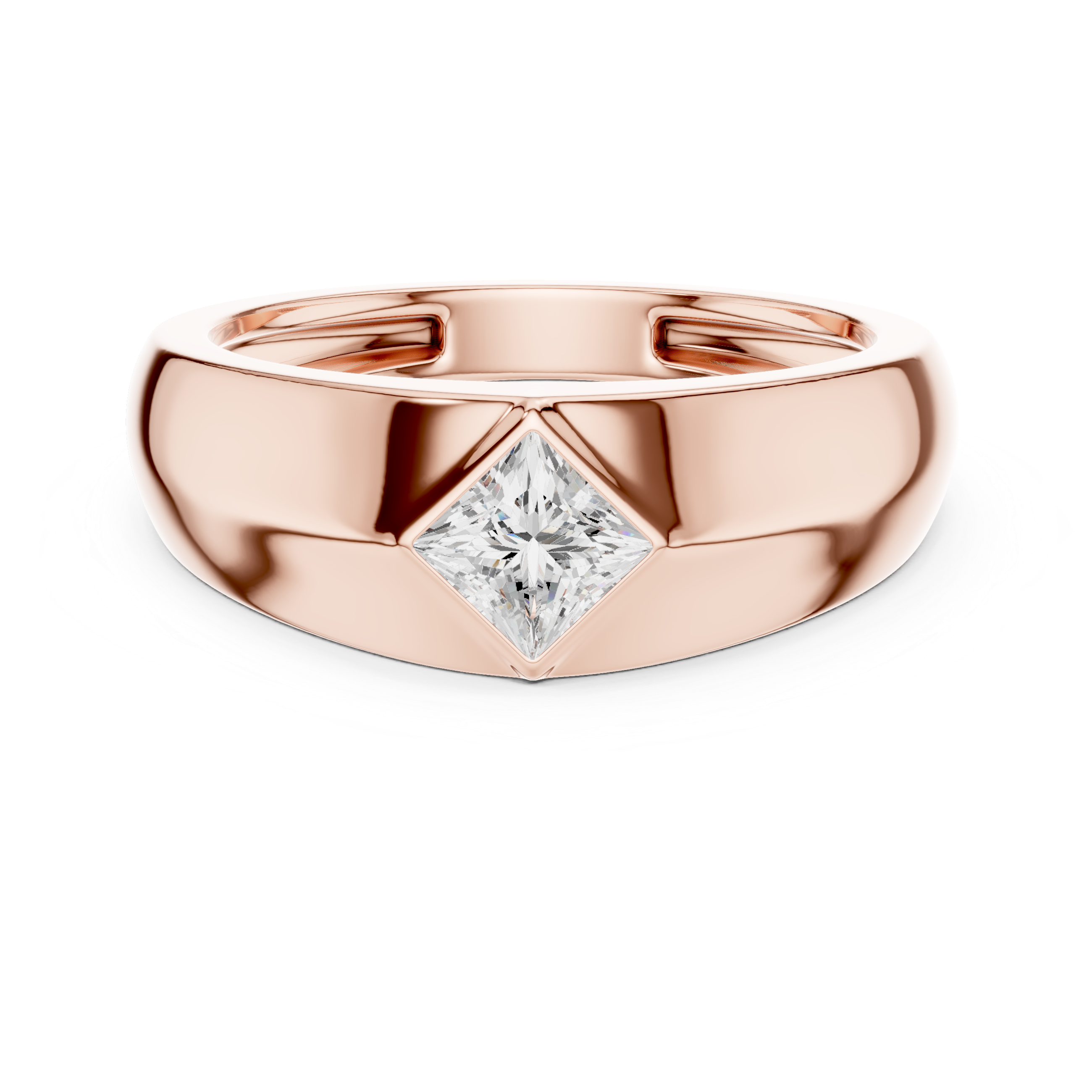 Rose gold princess cut men’s ring with elegant square center and subtle bezel border
