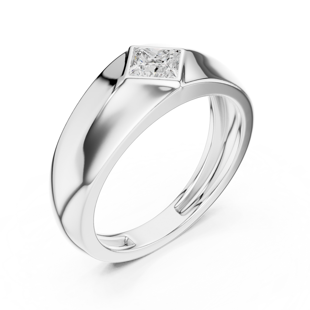 Modern white gold men’s statement ring featuring geometric structure and polished band
