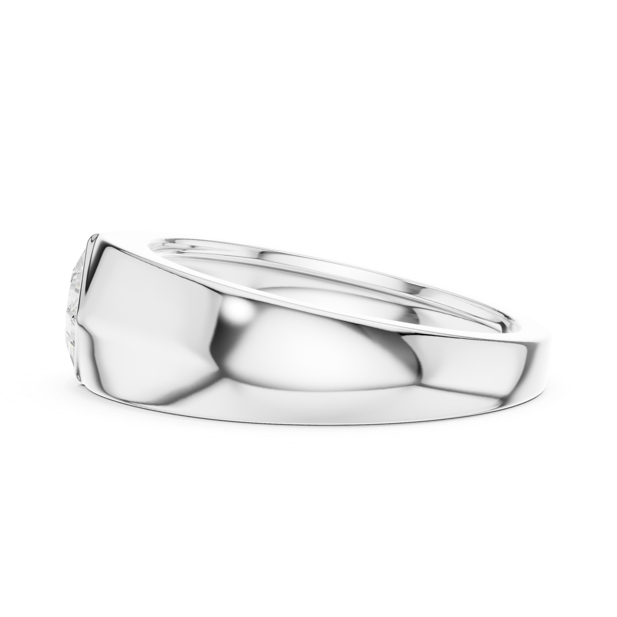 White gold bezel set men’s ring showing thick tapered band and strong masculine profile