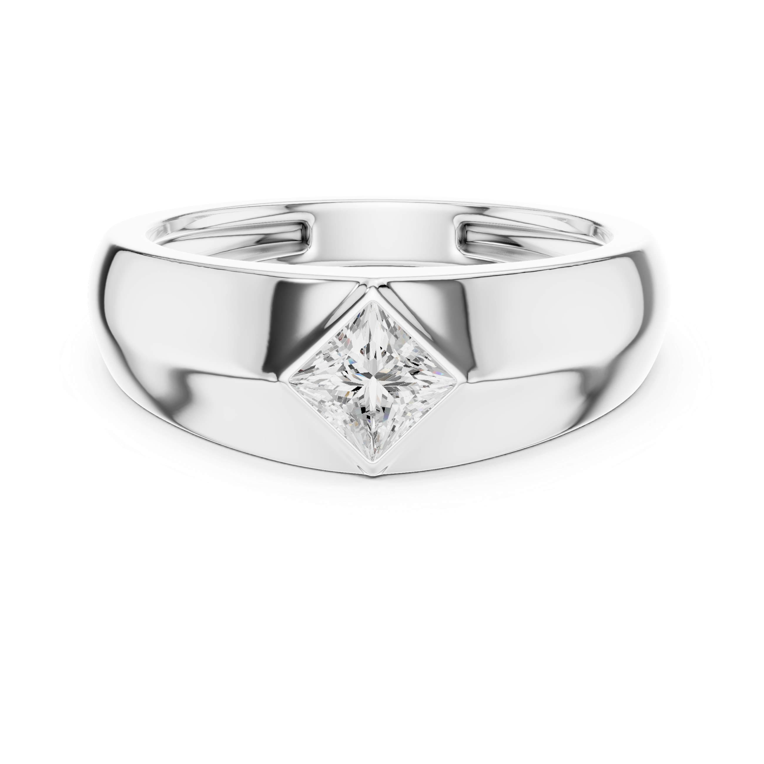 White gold princess cut men’s ring with clean light bezel frame and sharp square centerpiece