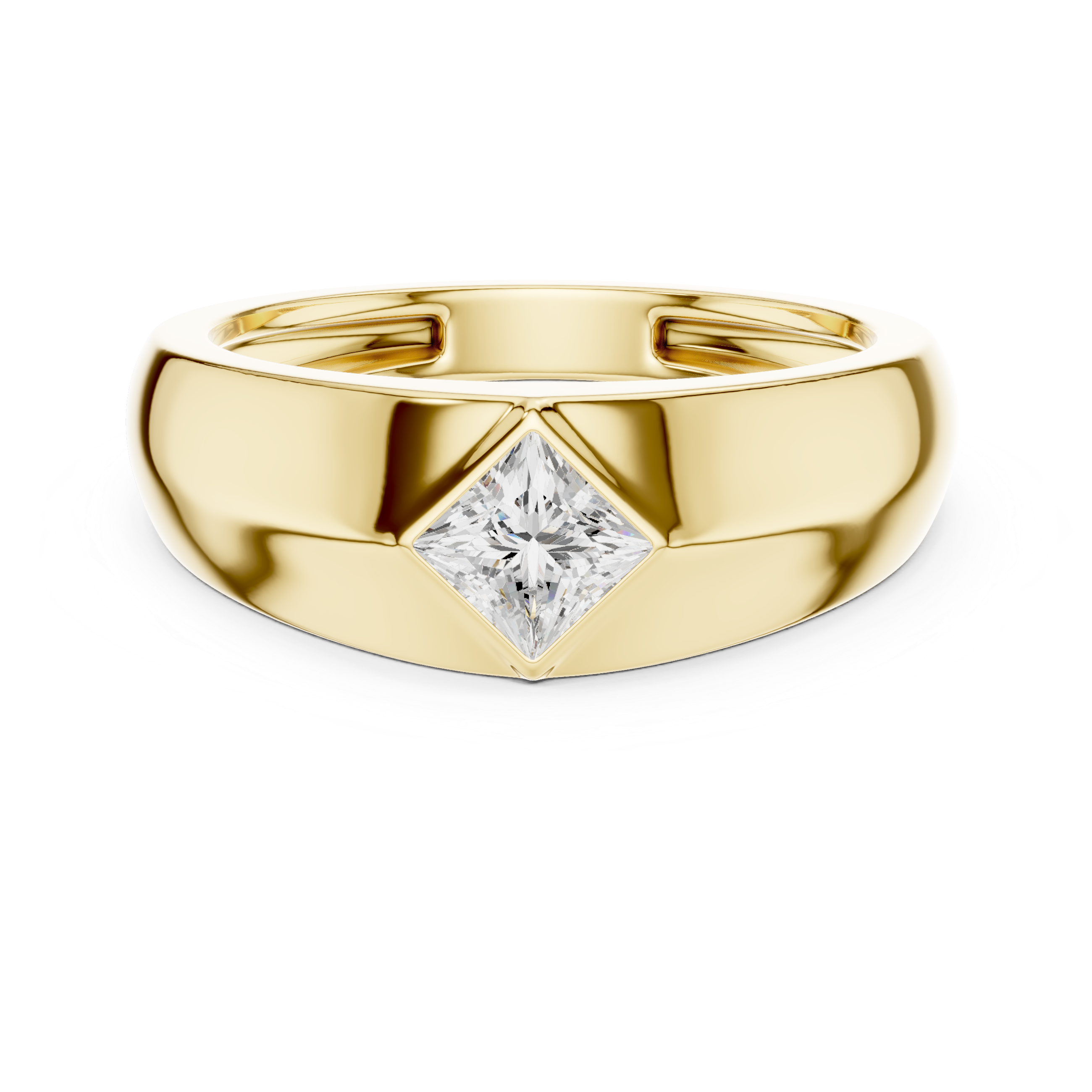 Yellow gold princess cut men’s ring with bold square stone and refined bezel edge
