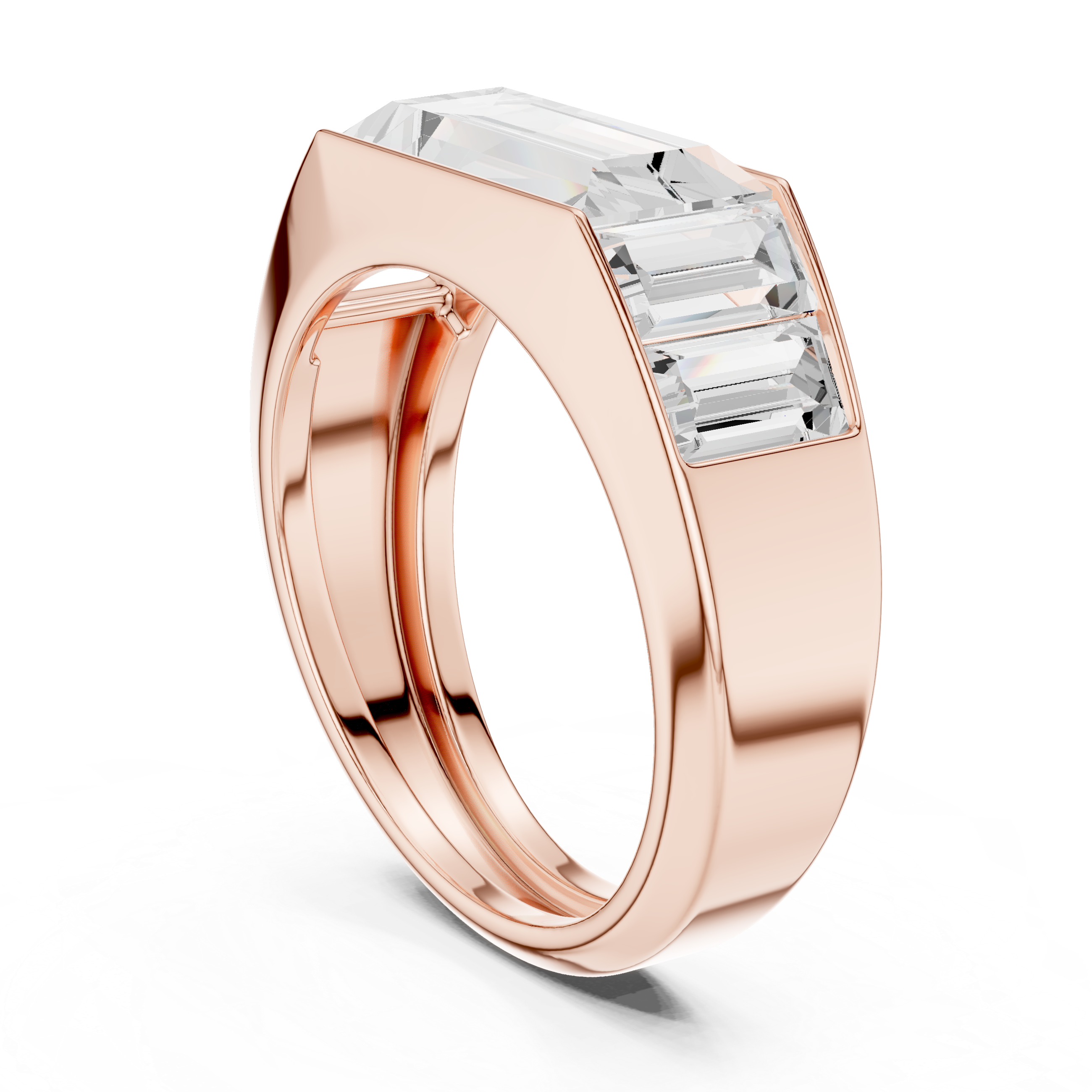 Rose gold BLAZE men’s luxury ring angled view bold baguette channel setting