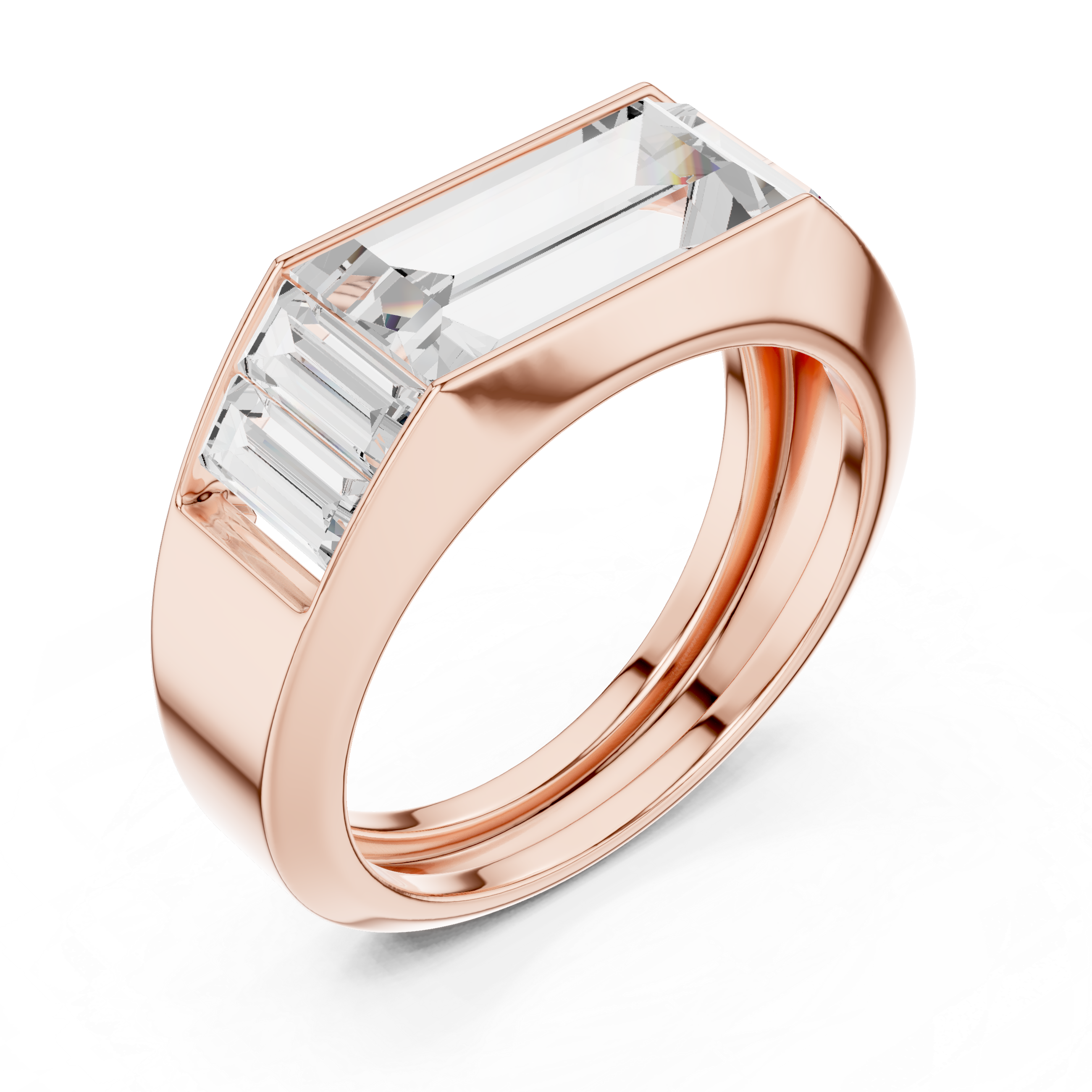 Rose gold Mozow X BLAZE baguette moissanite statement ring top perspective