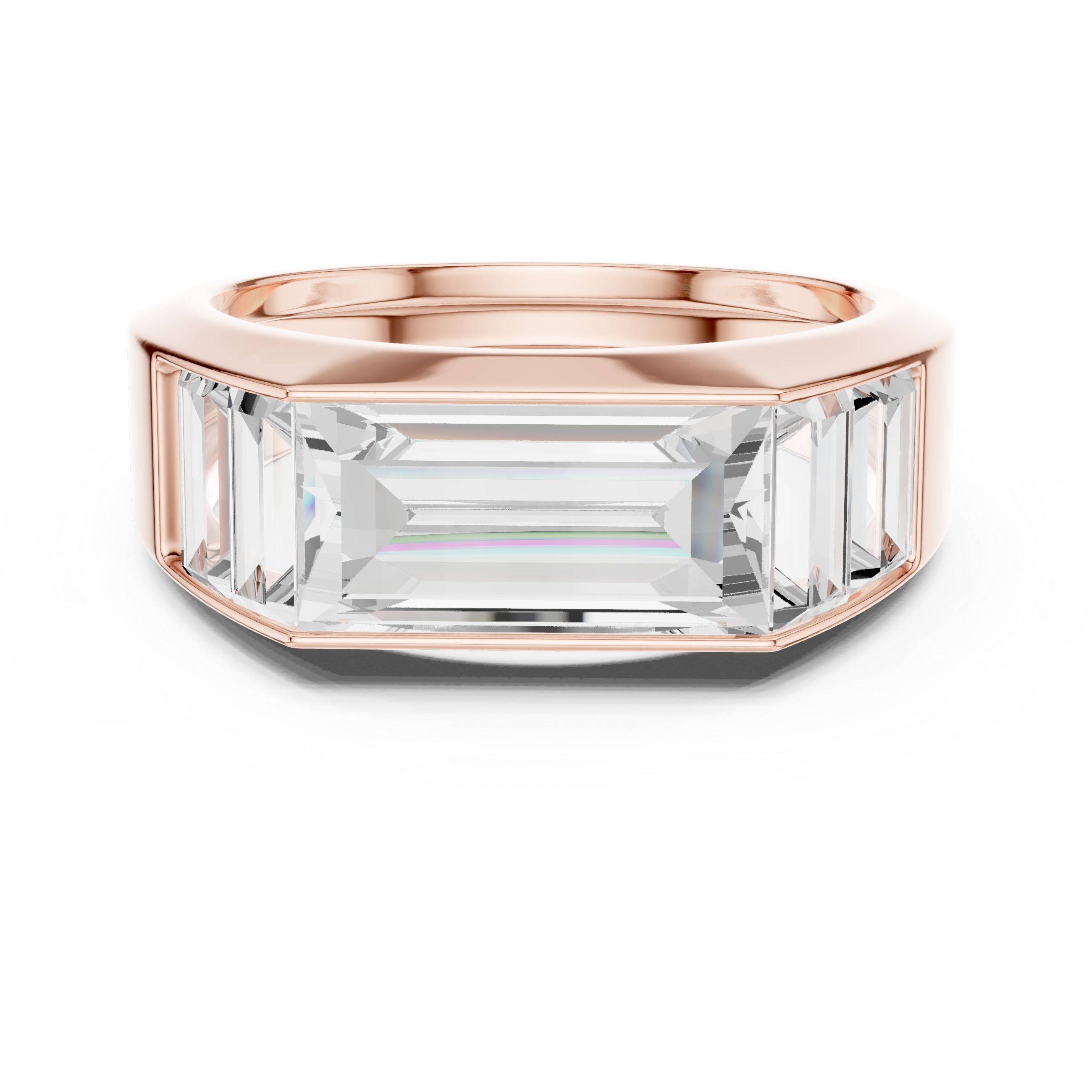 Mozow X BLAZE 3.42 ct baguette moissanite men’s ring in rose gold front view