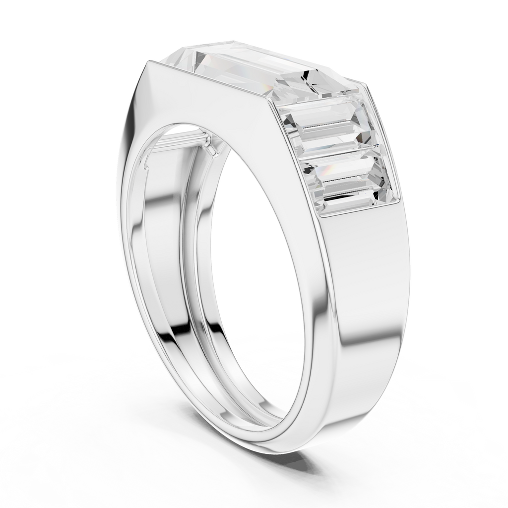 White gold BLAZE men’s statement ring with baguette moissanite angled luxury shot