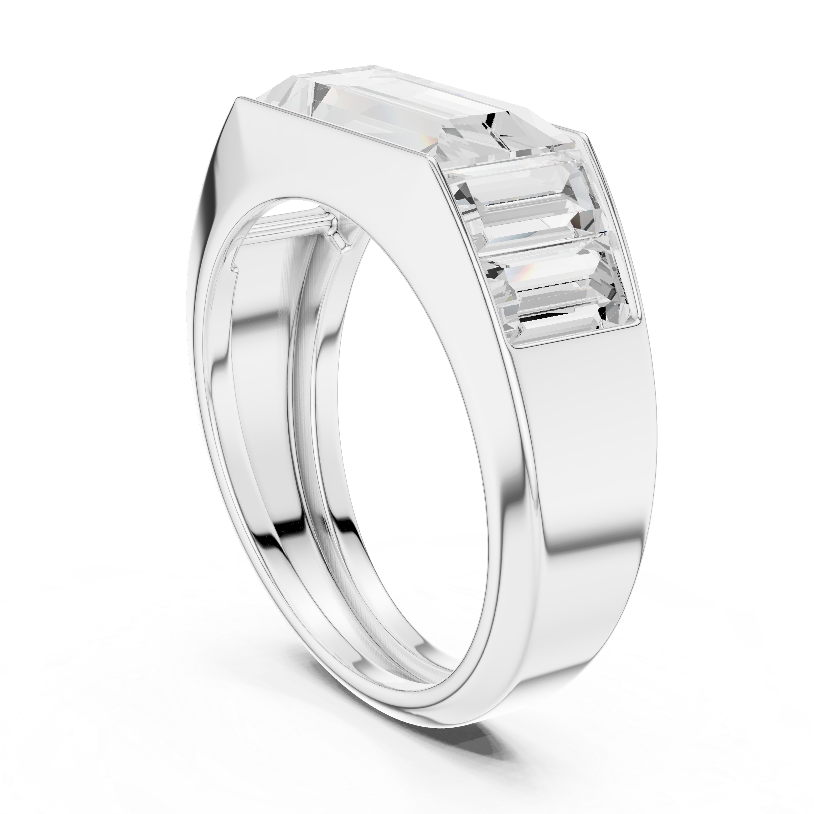White gold BLAZE men’s statement ring with baguette moissanite angled luxury shot