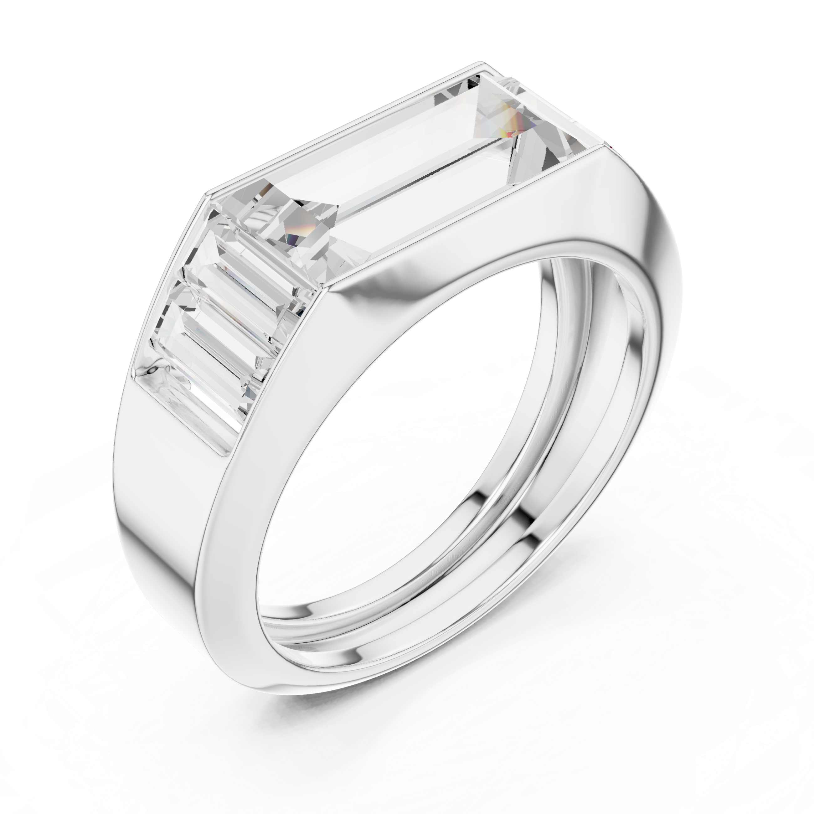 White gold Mozow X BLAZE baguette moissanite men’s ring top view sharp edges