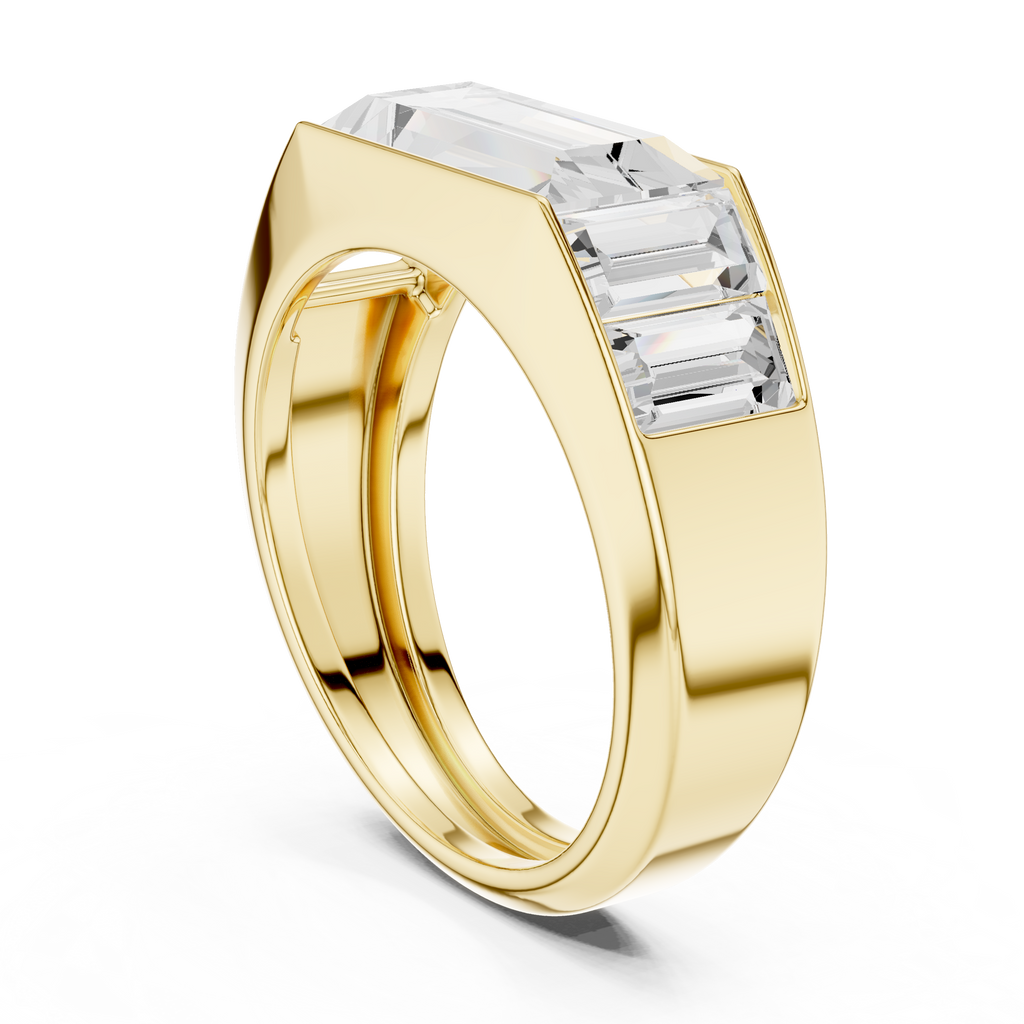 Mozow X BLAZE yellow gold men’s baguette moissanite ring angled luxury statement band