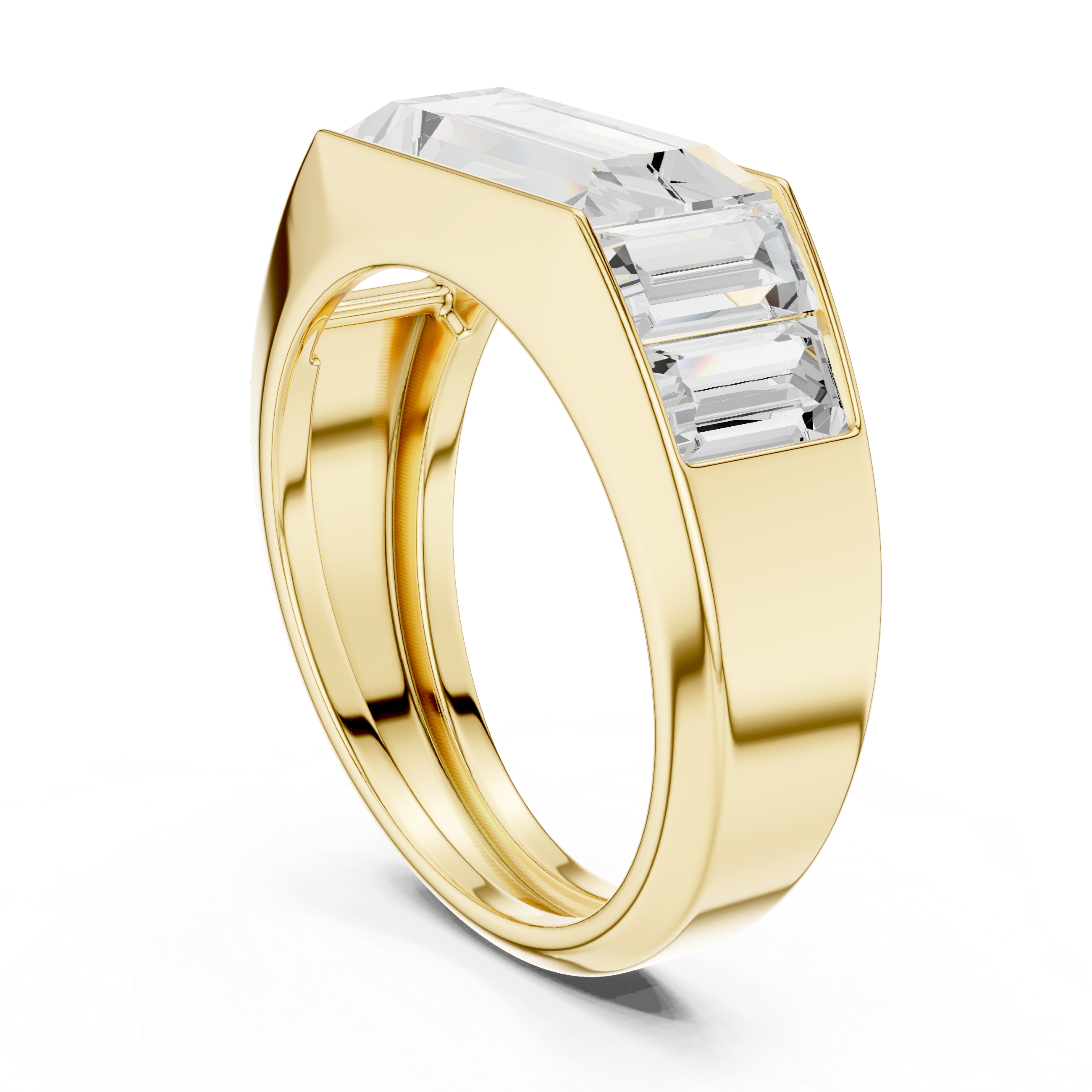 Mozow X BLAZE yellow gold men’s baguette moissanite ring angled luxury statement band