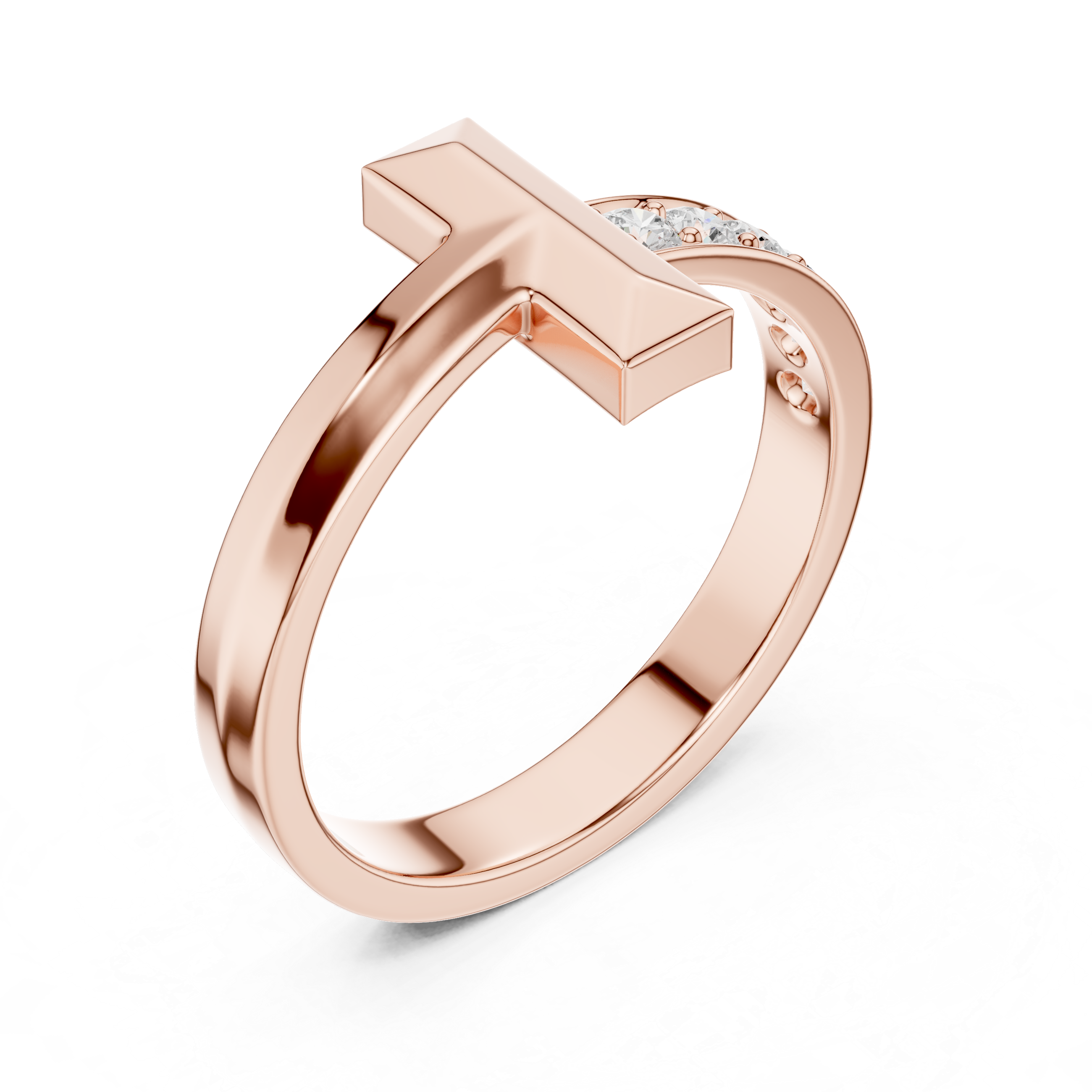 Rose Gold T Shape Statement Ring Angled Perspective