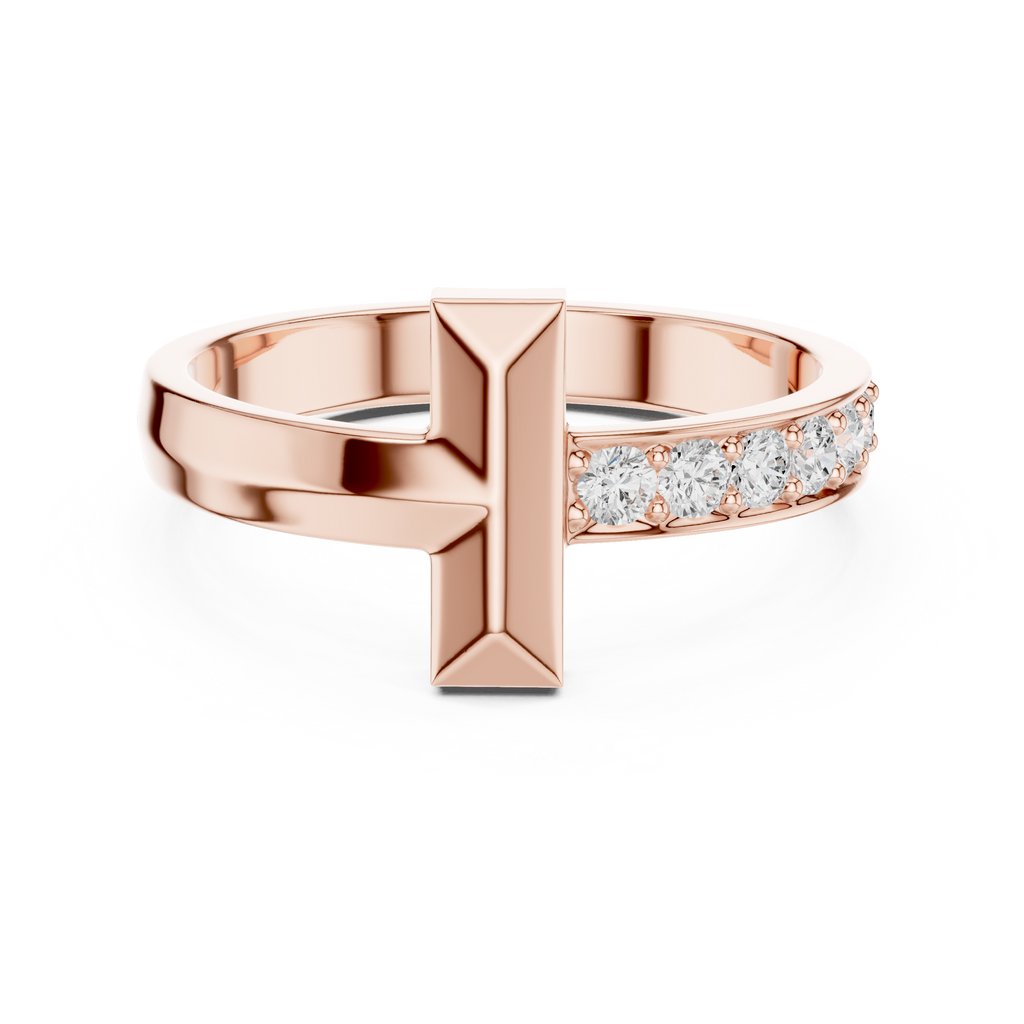 Rose Gold Men’s T Bar Moissanite Ring Front View Worn on Male Finger