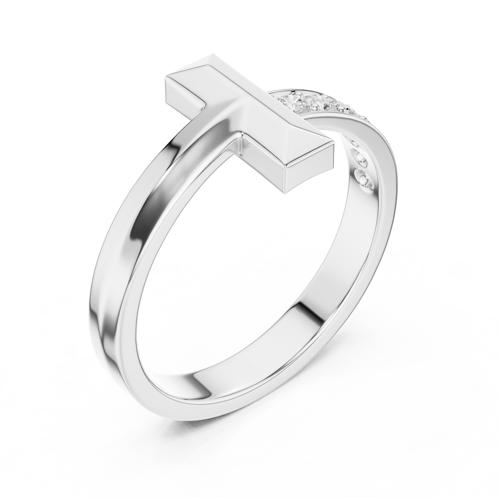 White Gold Geometric Statement Ring with Pavé Shoulder Stones