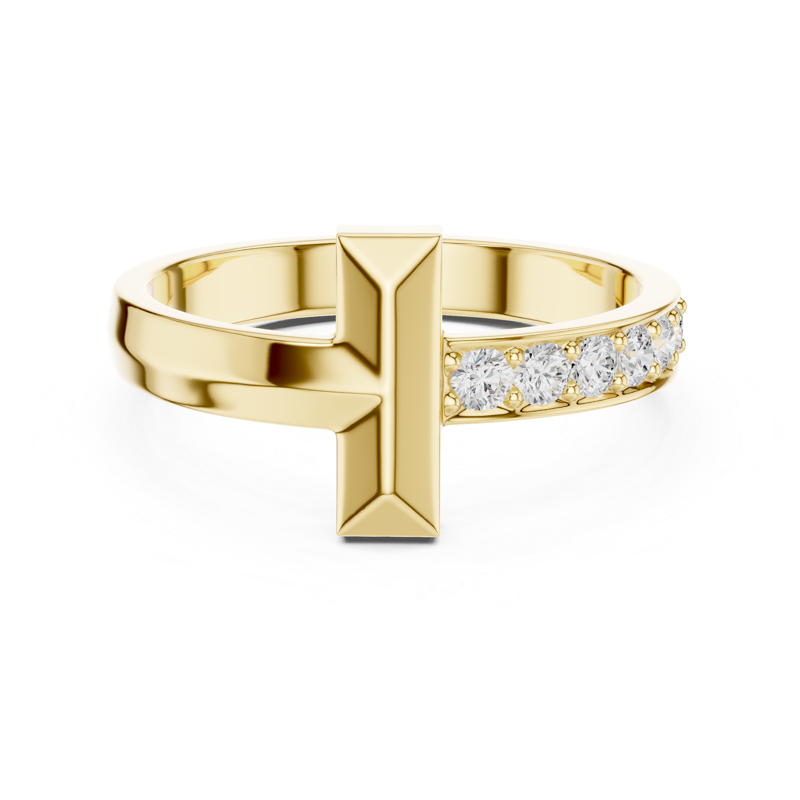 Yellow Gold Men’s T Bar Moissanite Ring Front Model View