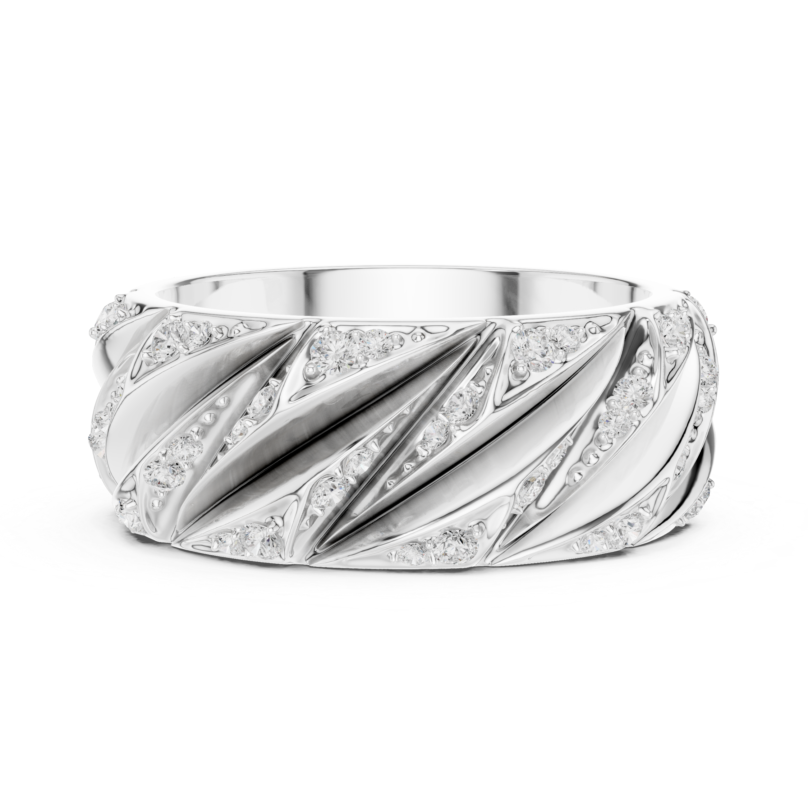 White Gold Front View Diamond Twist Wide Band Ring
