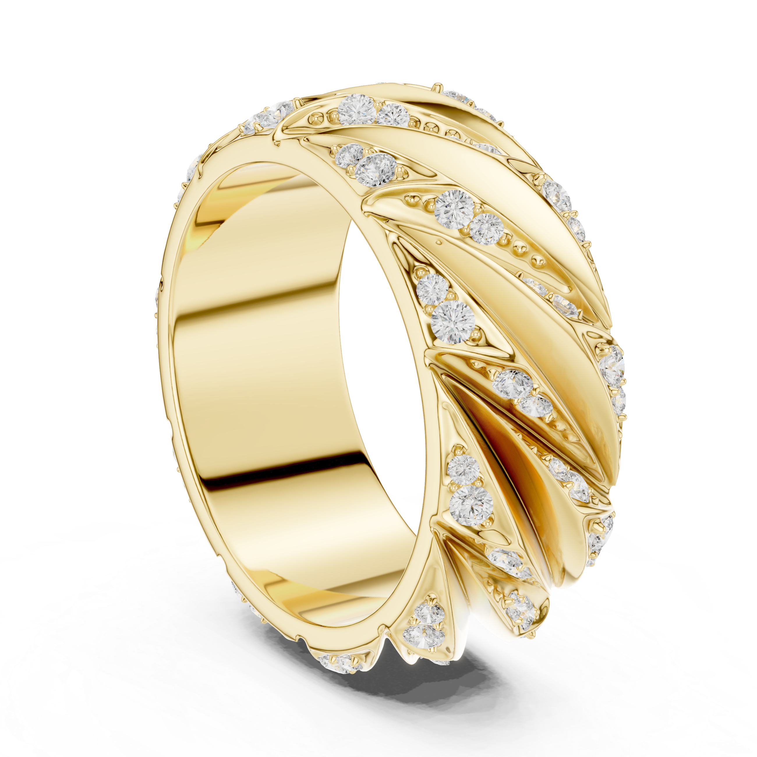 Yellow Gold Side Angle Sculpted Diamond Band Ring
