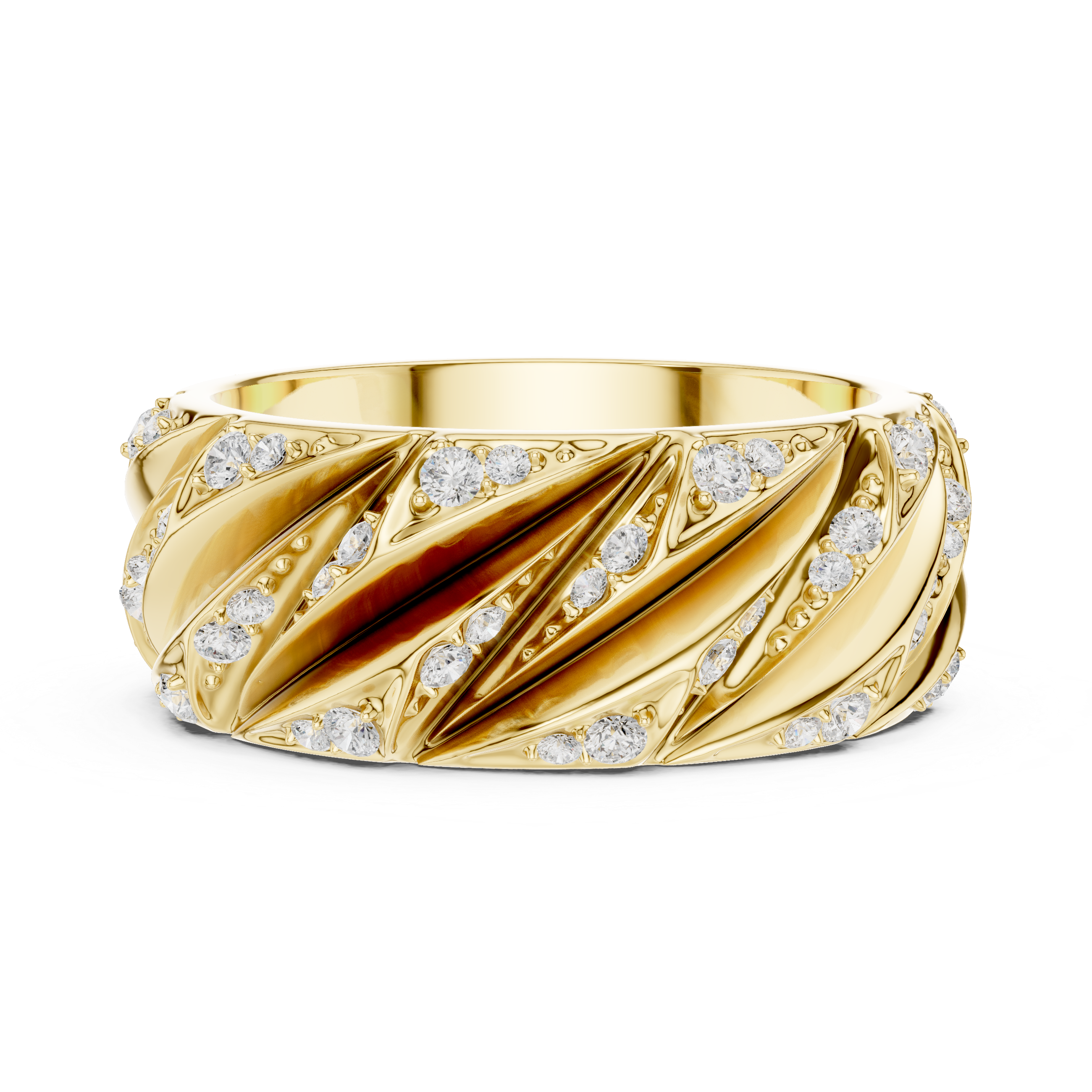 Yellow Gold Front View Diamond Twist Wide Band Ring
