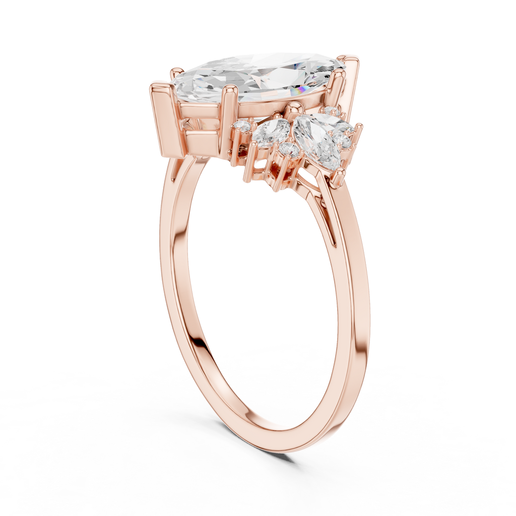 Rose gold marquise moissanite ring angled perspective brilliance shine