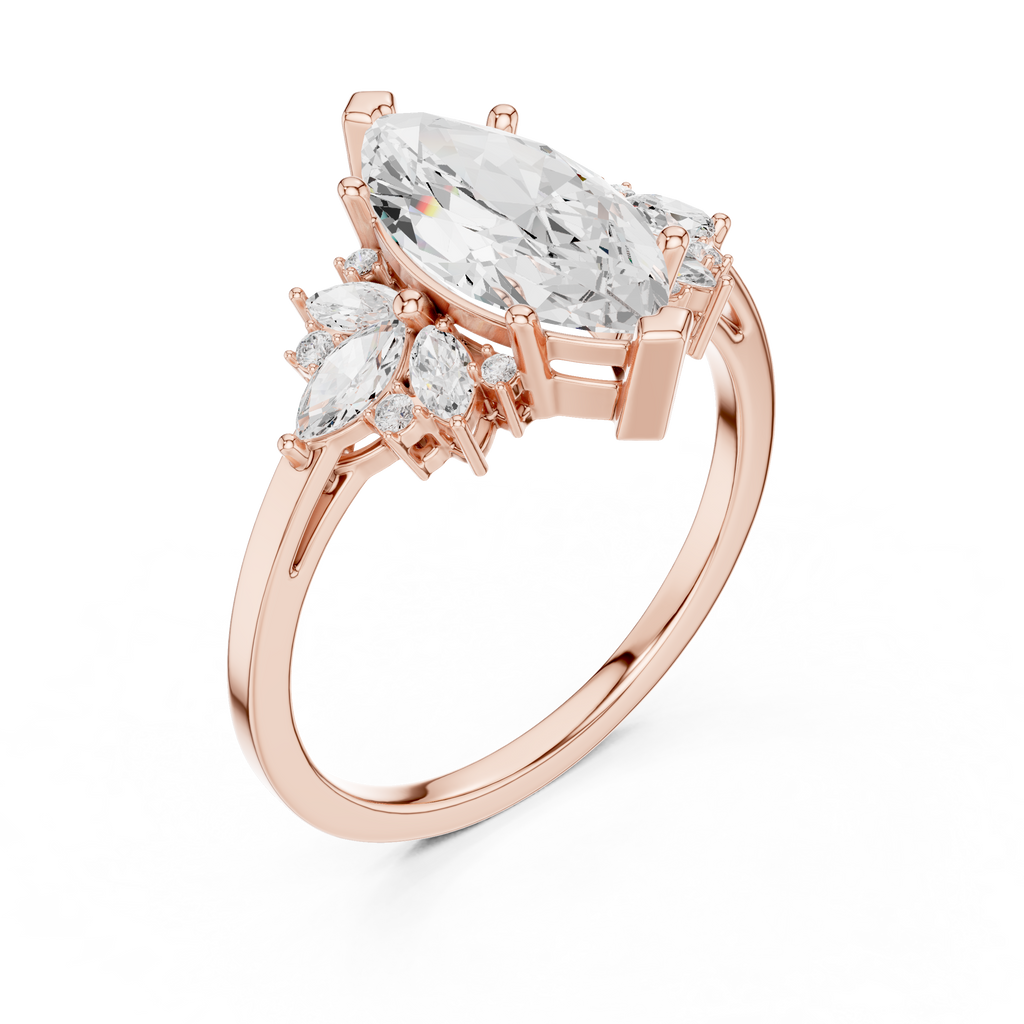 Rose gold marquise moissanite ring angled perspective brilliance shine