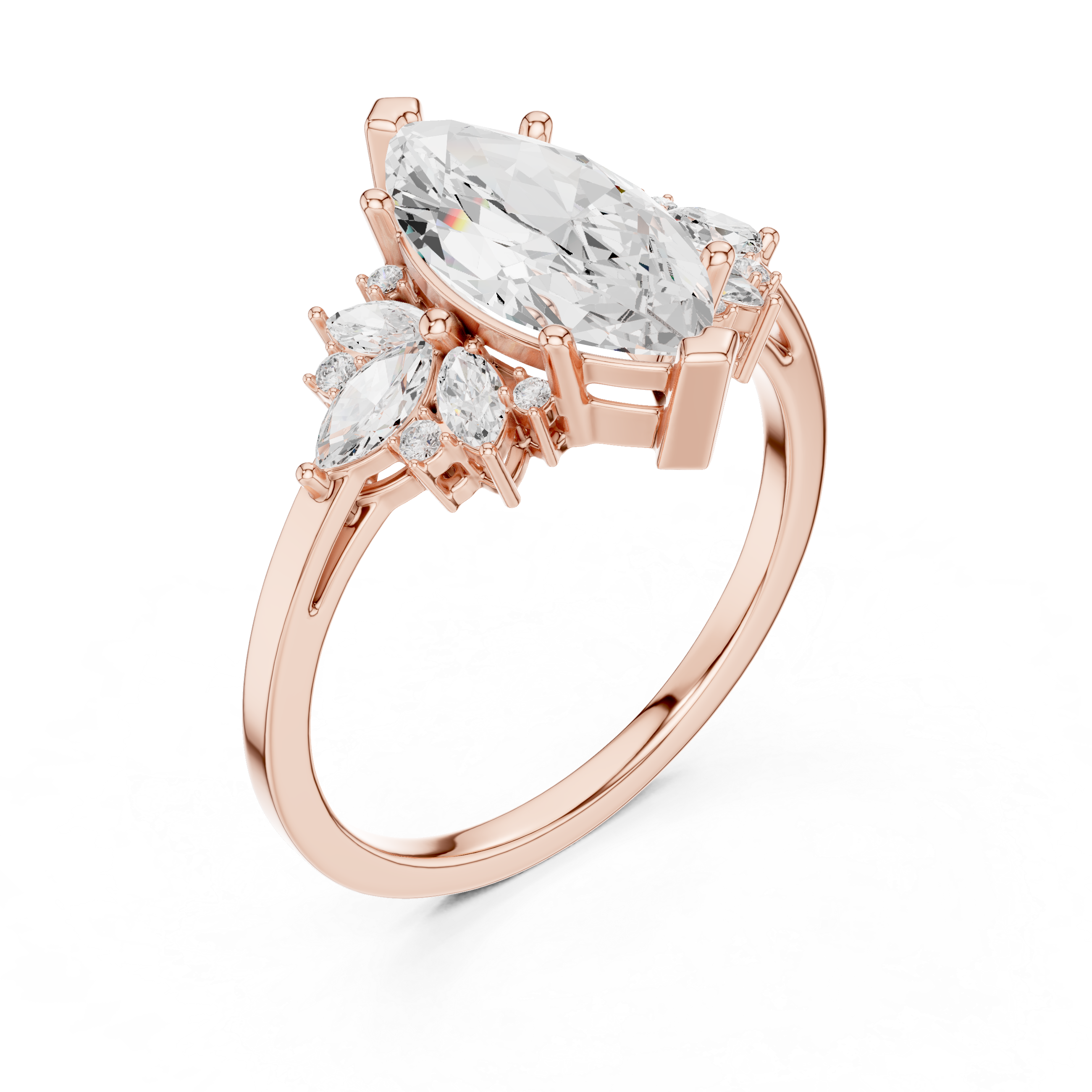 Rose gold marquise moissanite ring angled perspective brilliance shine